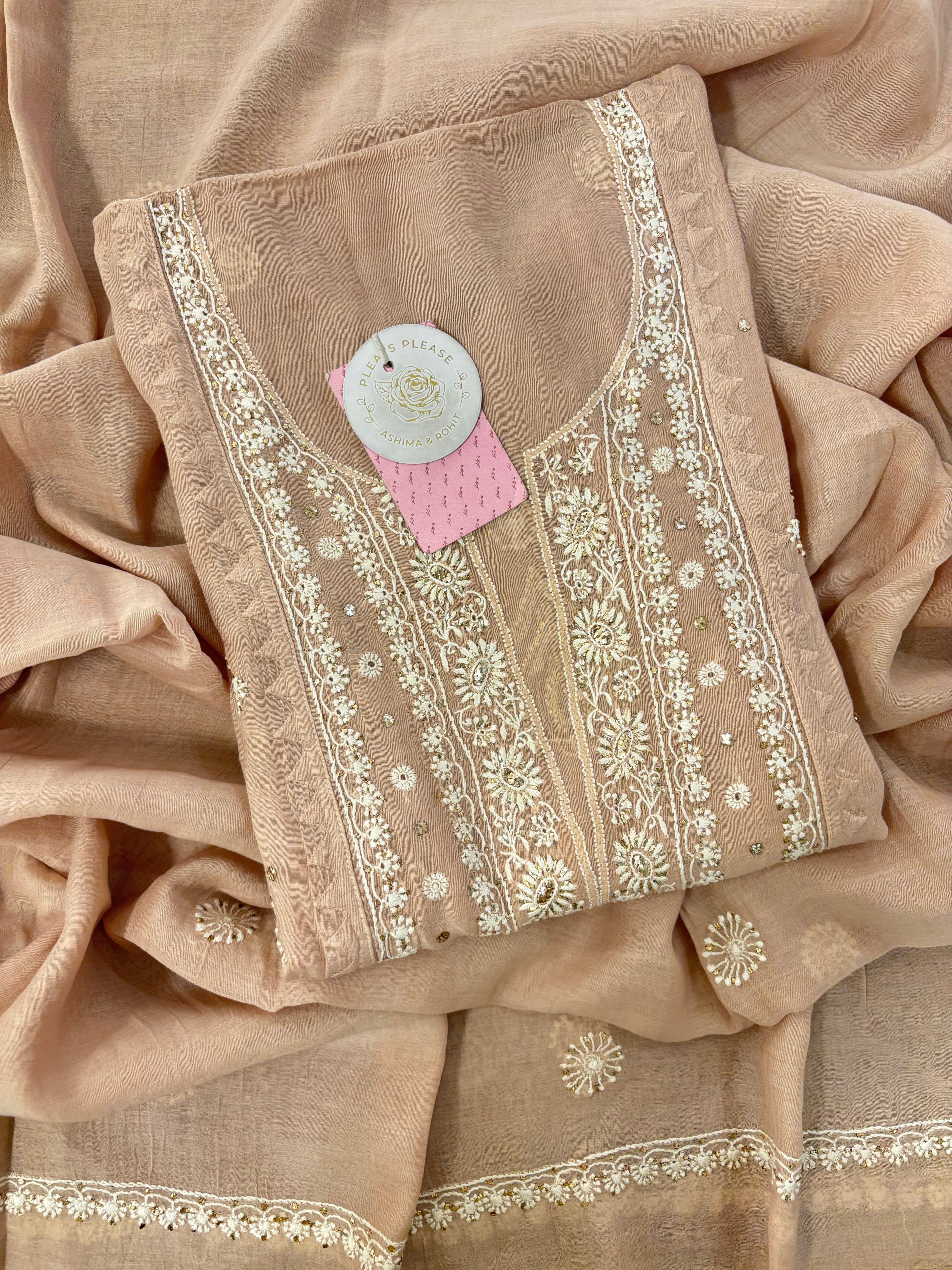 Rosewood Taupe Chanderi Mukaish Chikankari Kurta & Dupatta