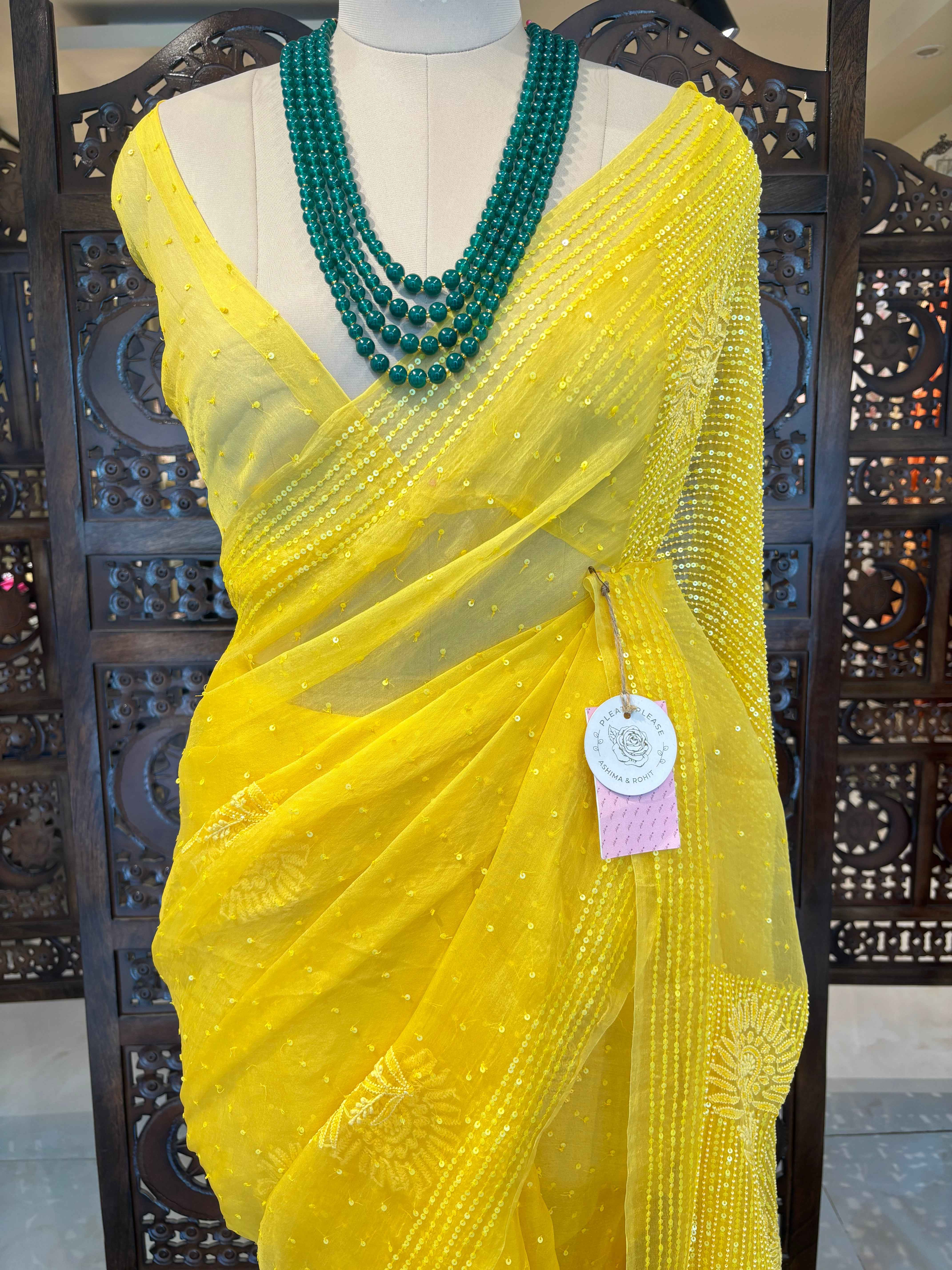 Yellow Pure Organza Chikankari Saree