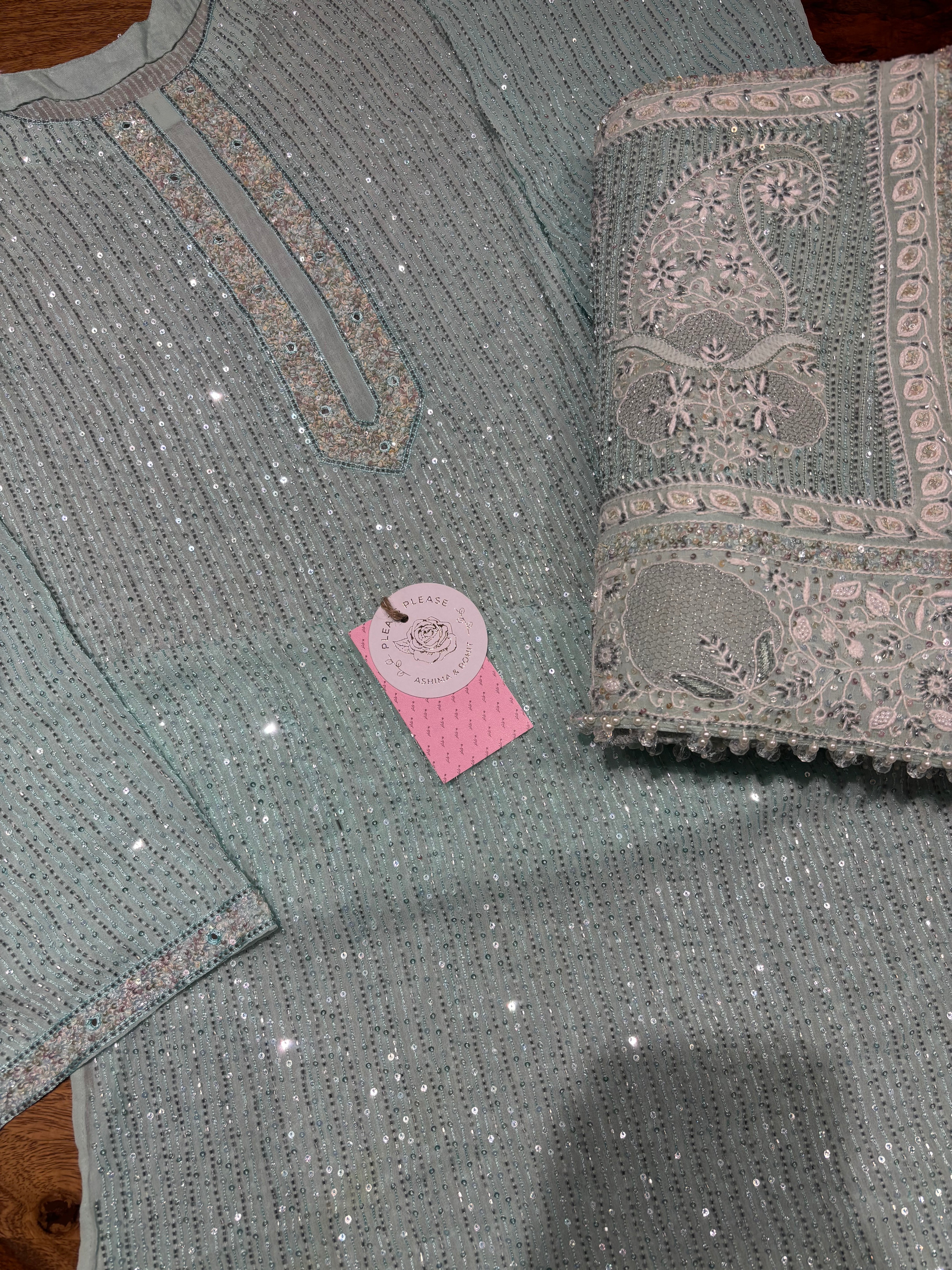 Sea Foam Pure and Premium Georgette Chikankari Kurta and Dupatta Set