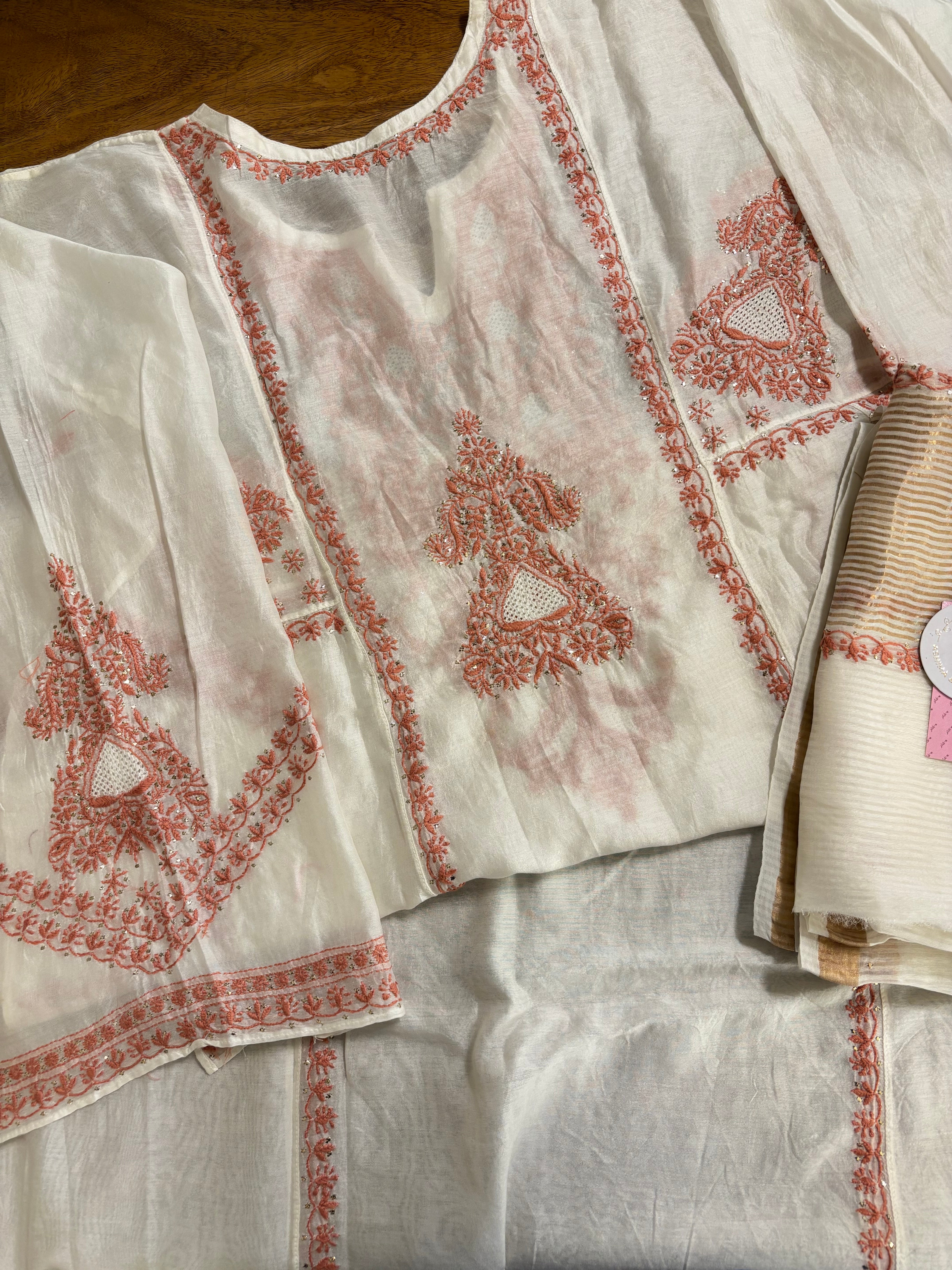 Dyeable Chanderi Chikankari Mukaish Anarkali & Dupatta Set