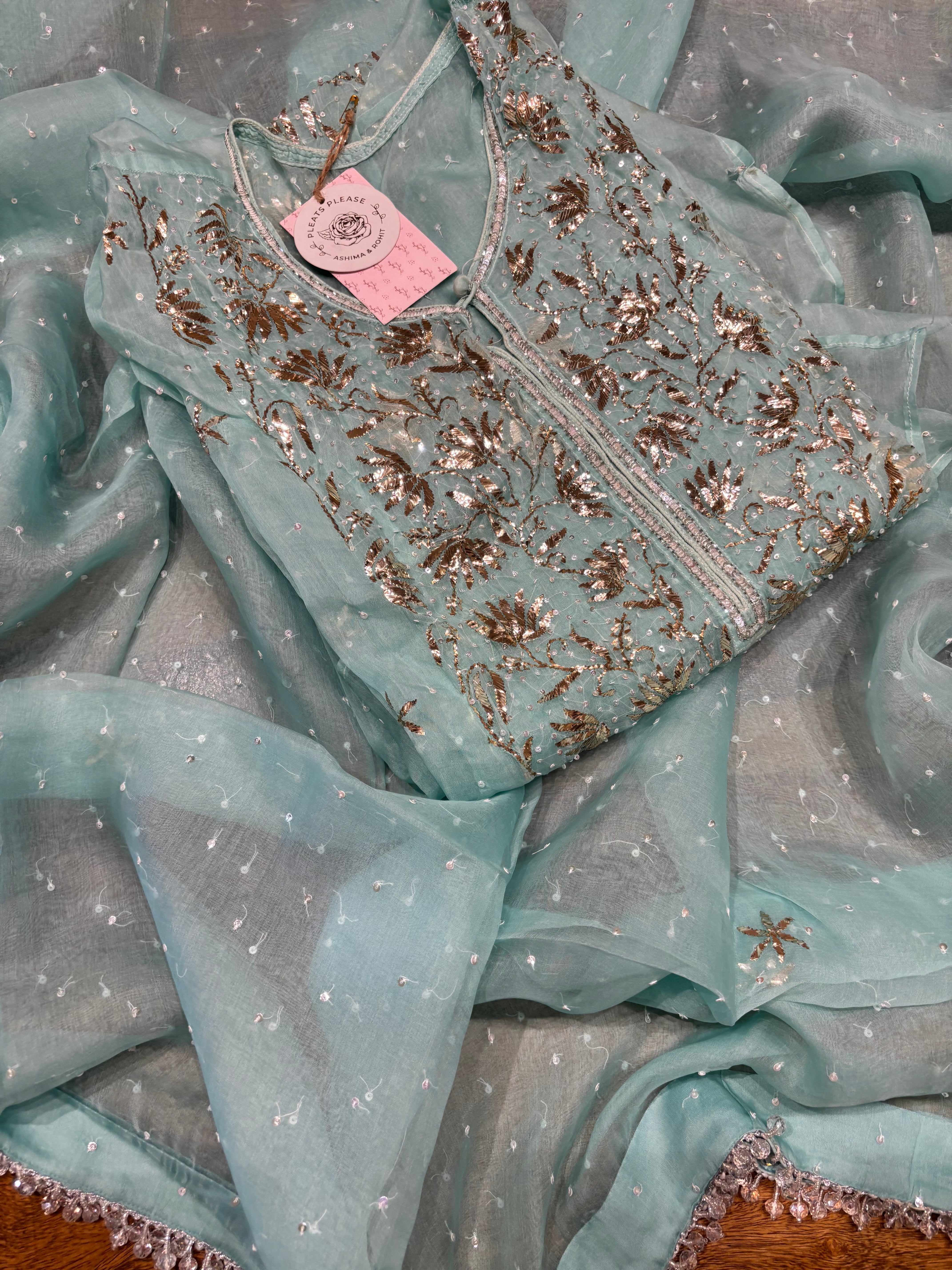 Sea Foam Organza Mukaish Kurta and Dupatta set