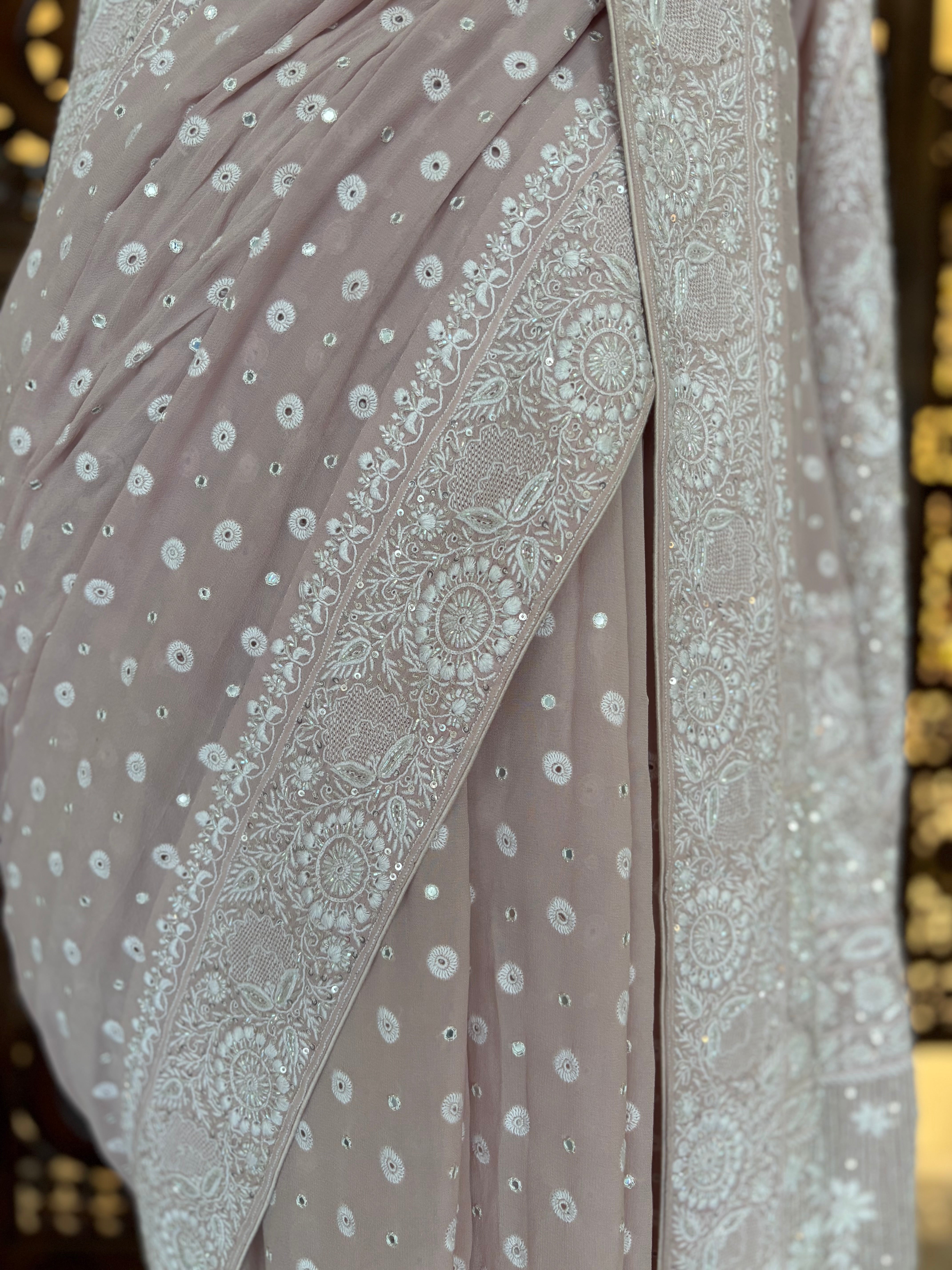 Lilac pure and premium Georgette Saree and Blouse - Pleats PleaseChikankari
