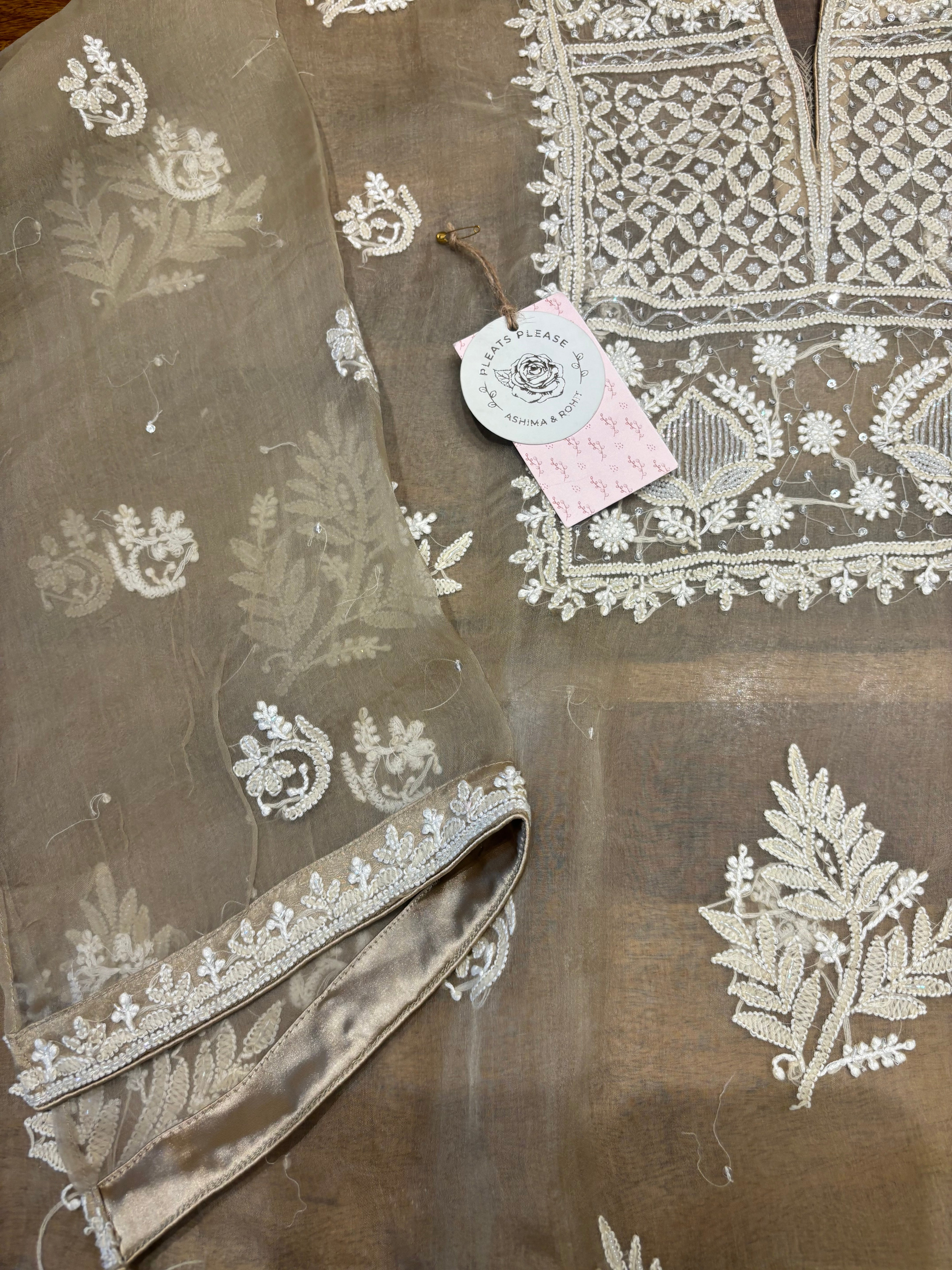 Brown Organza Silk Chikankari Kurta And Dupatta Set