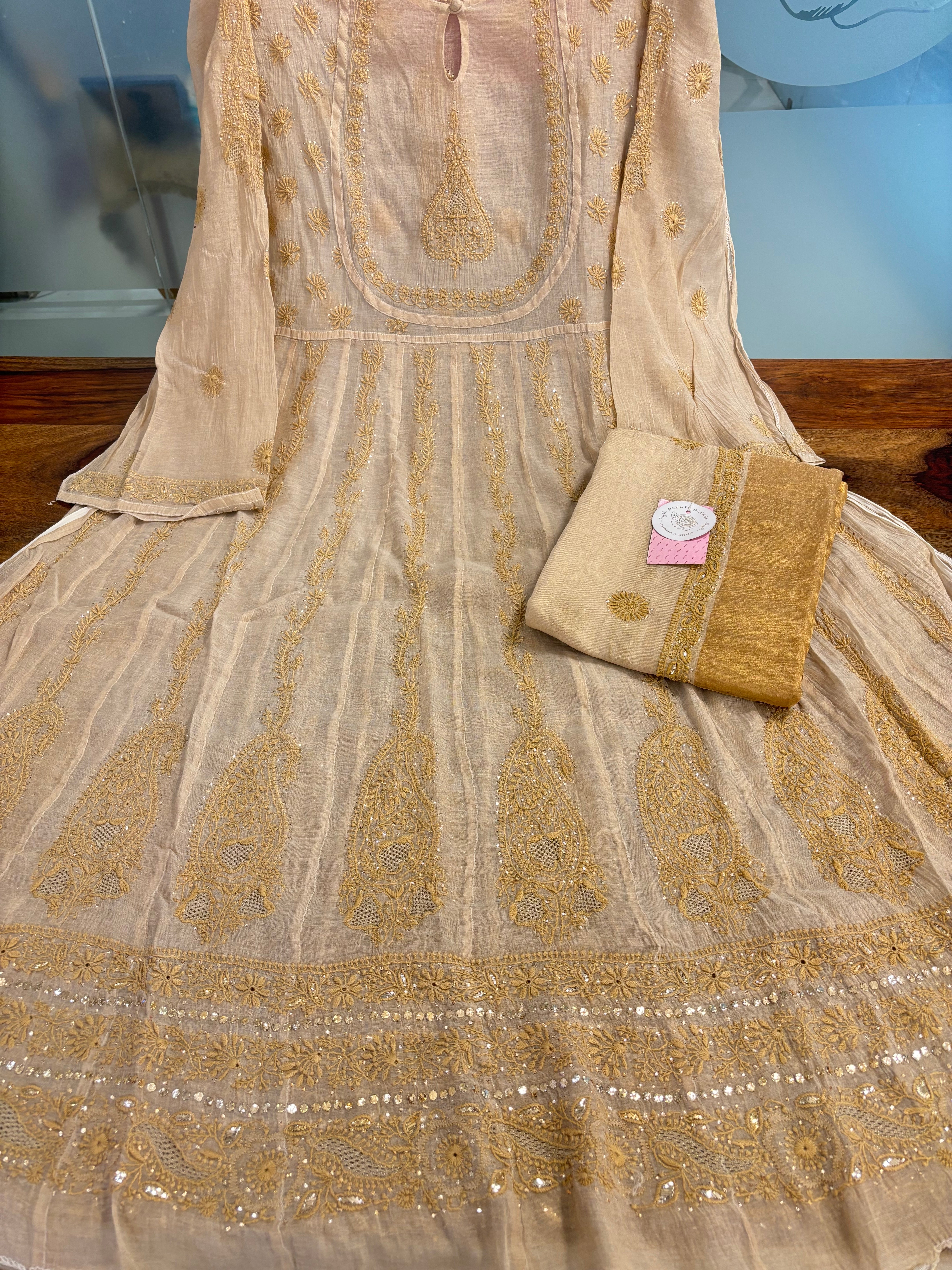 Dyeable Pure & Premium Tissue Mukaish Chikankari Bajirao Anarkali & Dupatta - Pleats PleaseChikankari