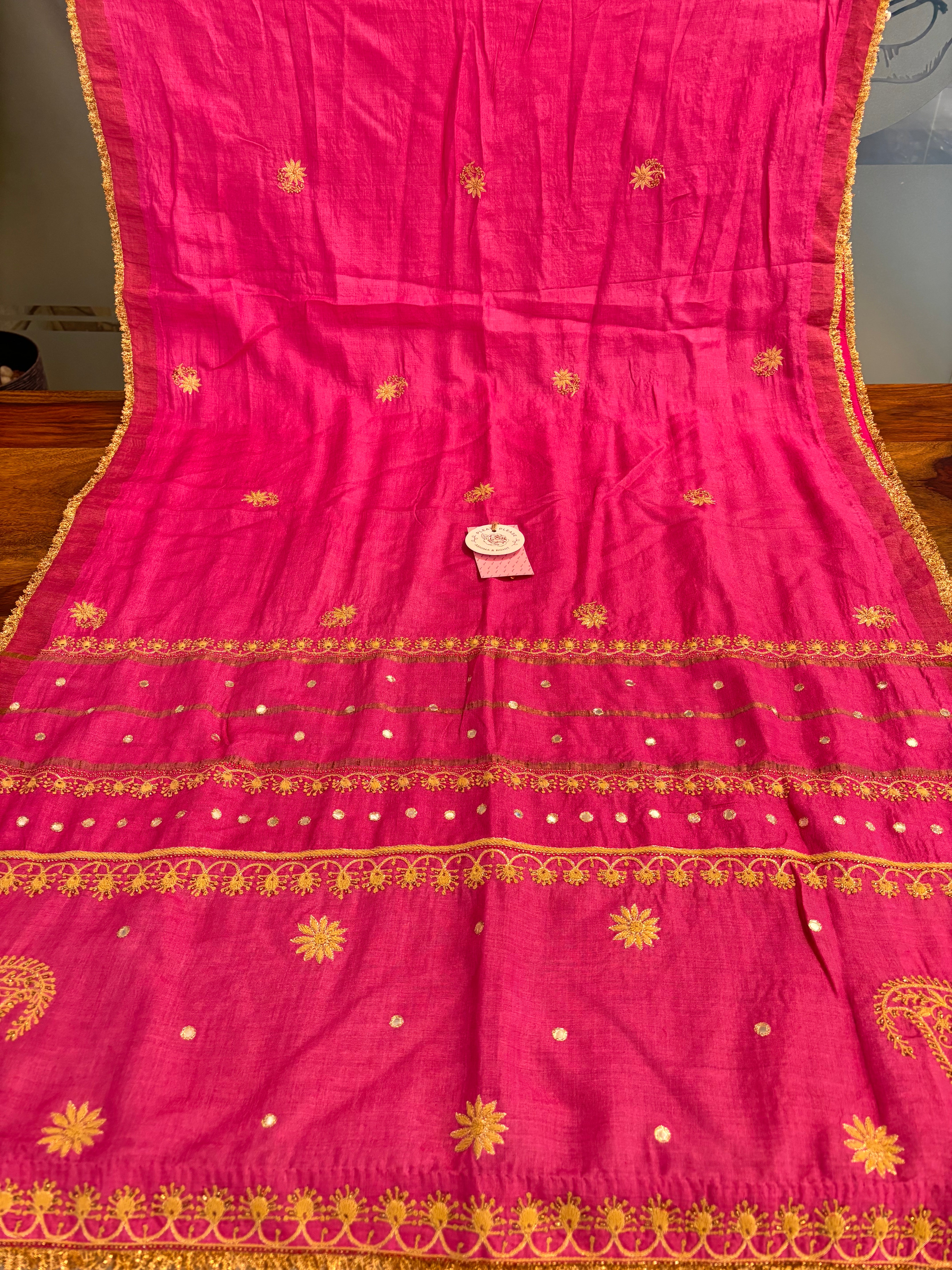 Magenta Pure Monga Silk A-Line Chikankari Kurta & Dupatta With Bottom - Pleats PleaseChikankari