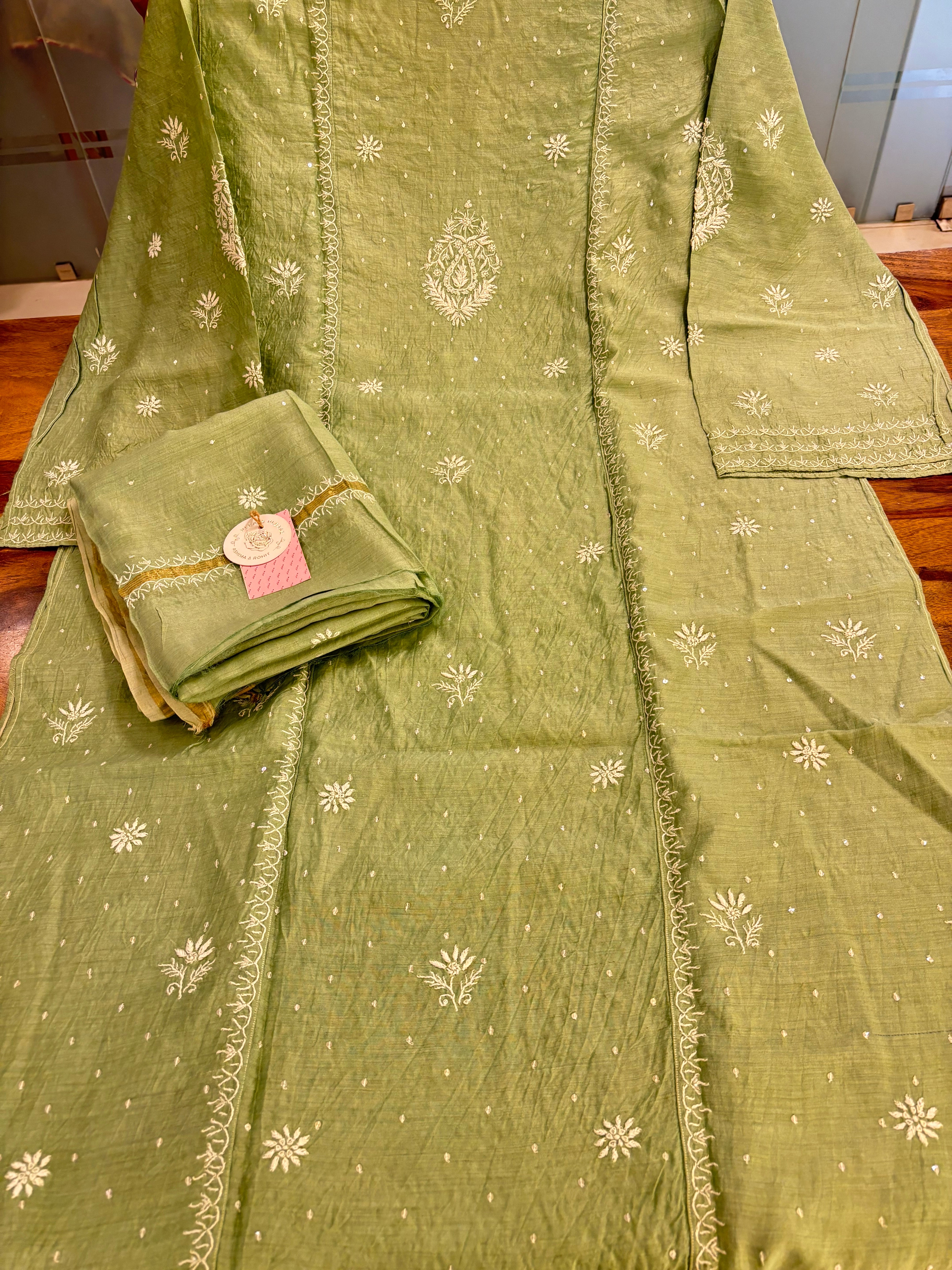 Sage Green Monga Silk Chikankari Kurta & Dupatta