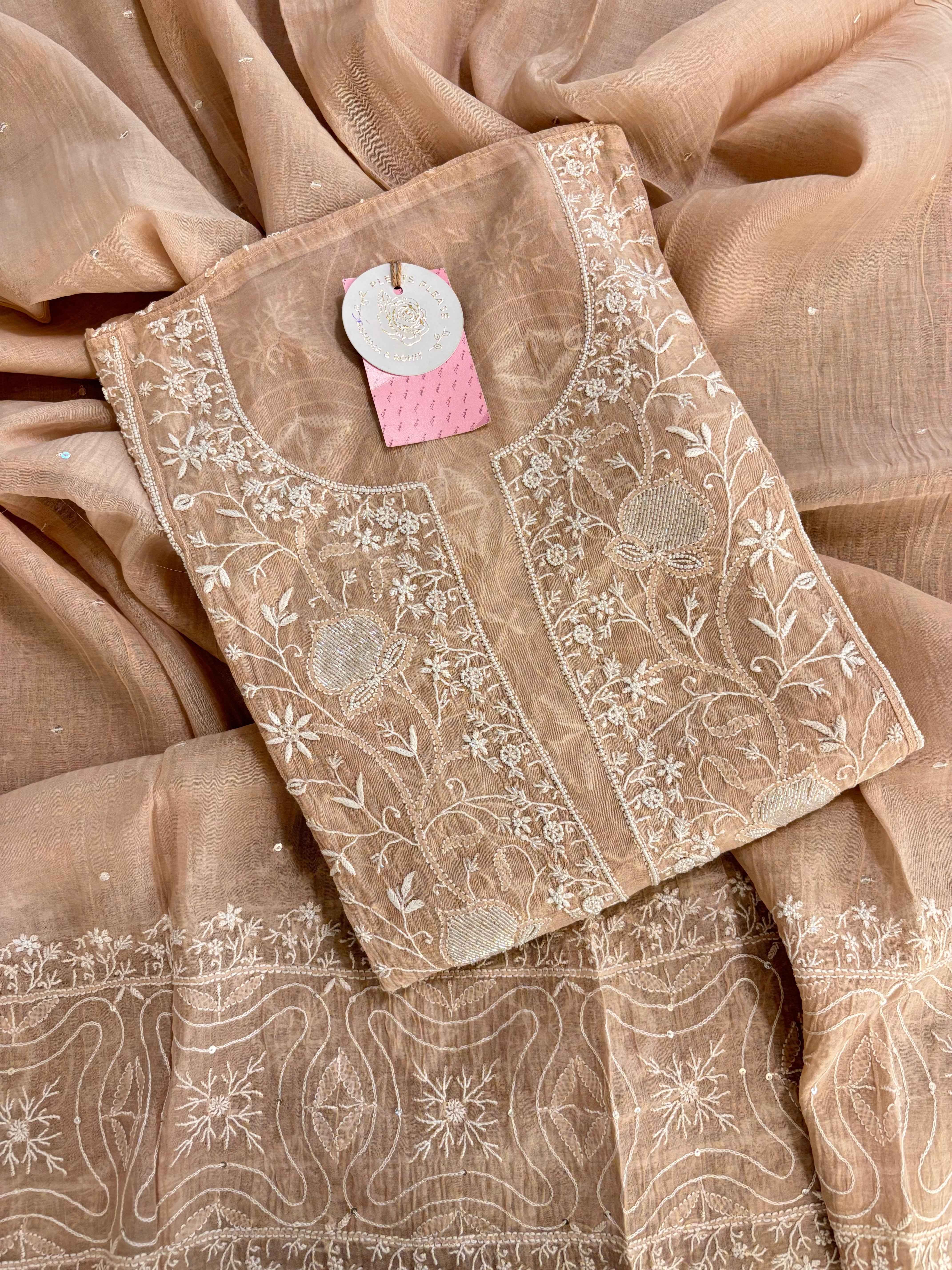 Pastel Peach Chanderi Mul Chikankari Kurta & Dupatta