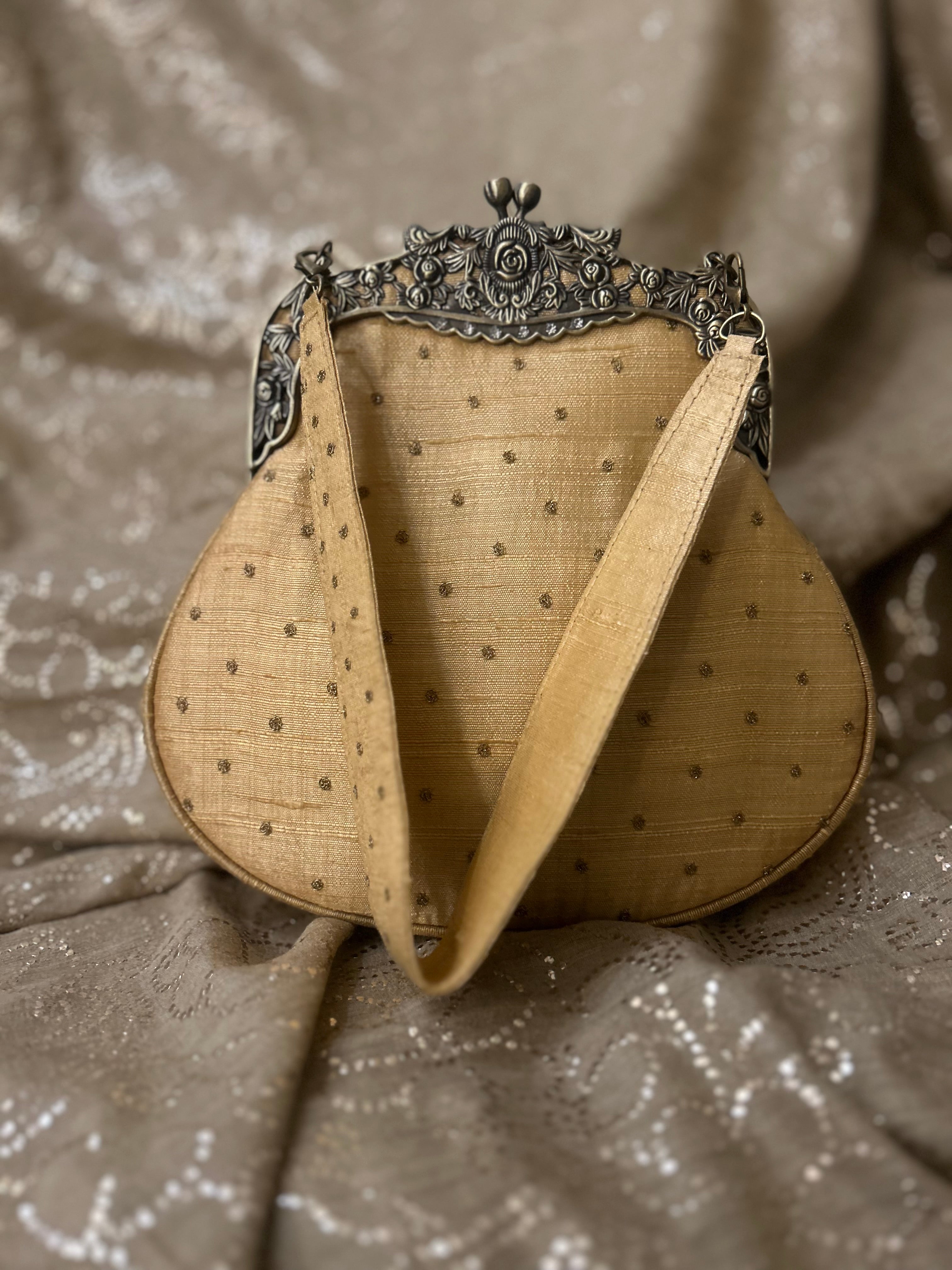 Beige Zardozi Mukaish Clutch Bag - Pleats PleaseChikankari