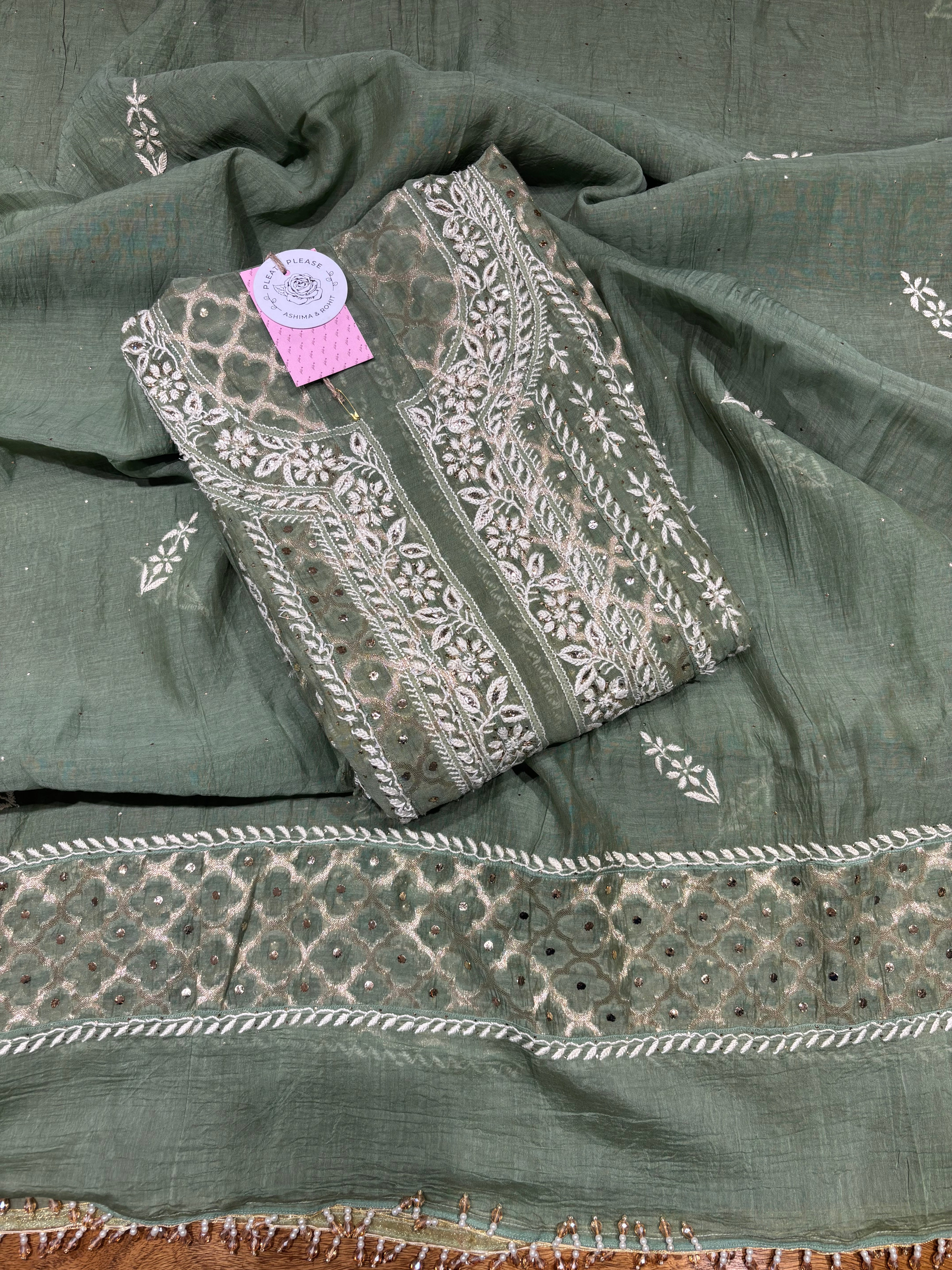 Olive Green Chanderi Mul Chikankari & Mukaish Anarkali & Dupatta Set