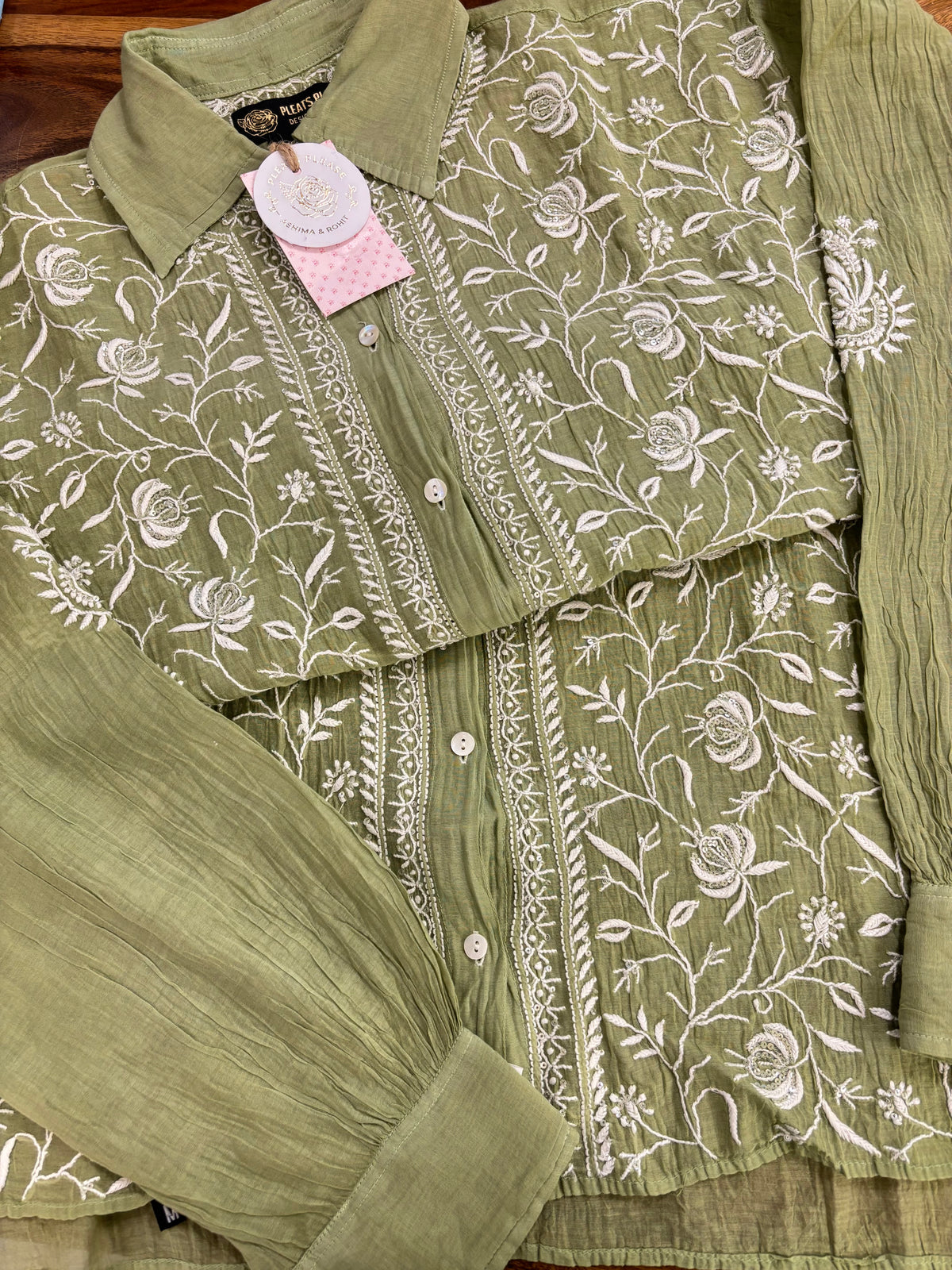 Olive Green Chanderi Mul Chikankari Women’s Shirt