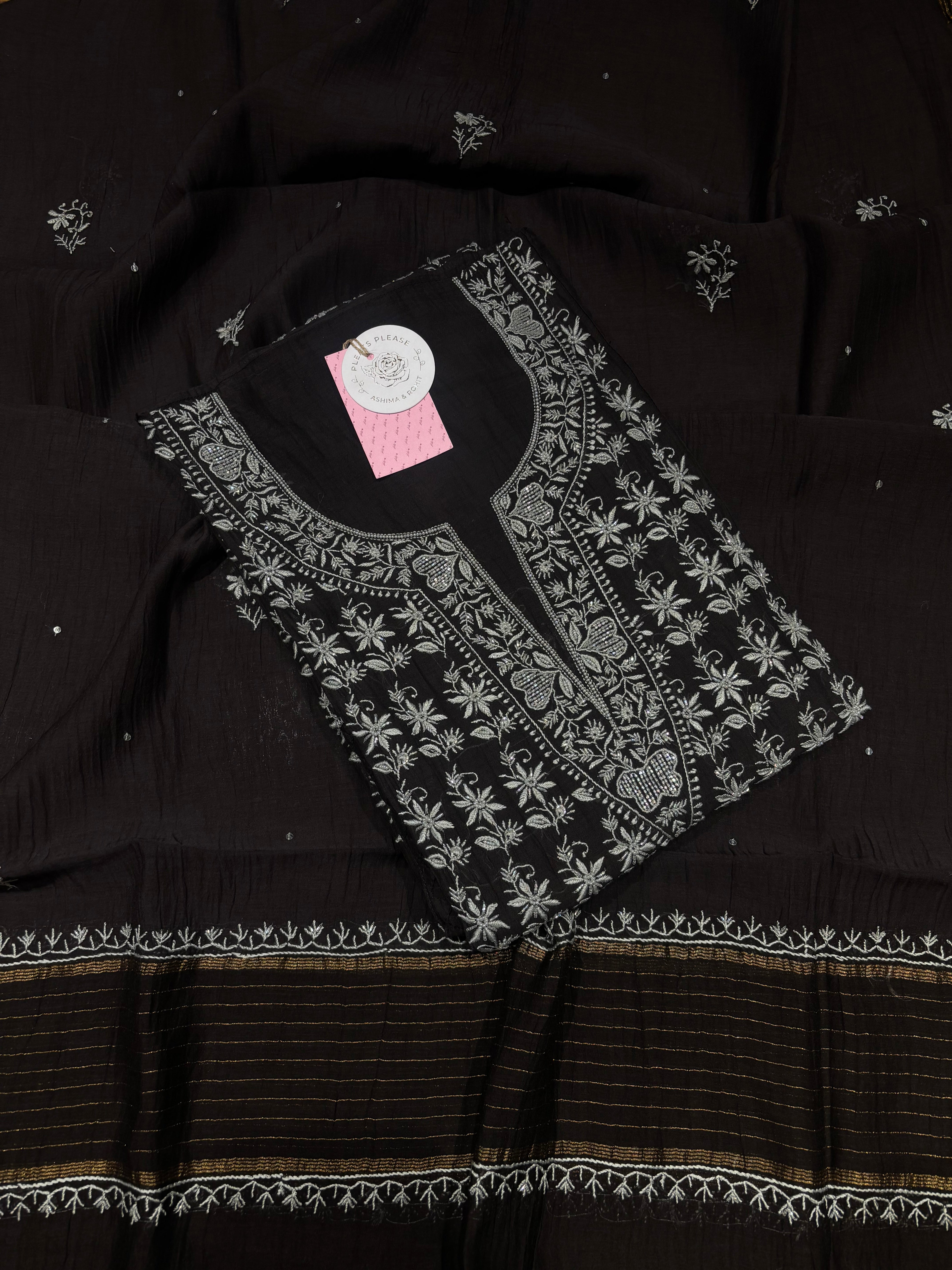 Black Chanderi Mul Chikankari Kurta & Dupatta Set
