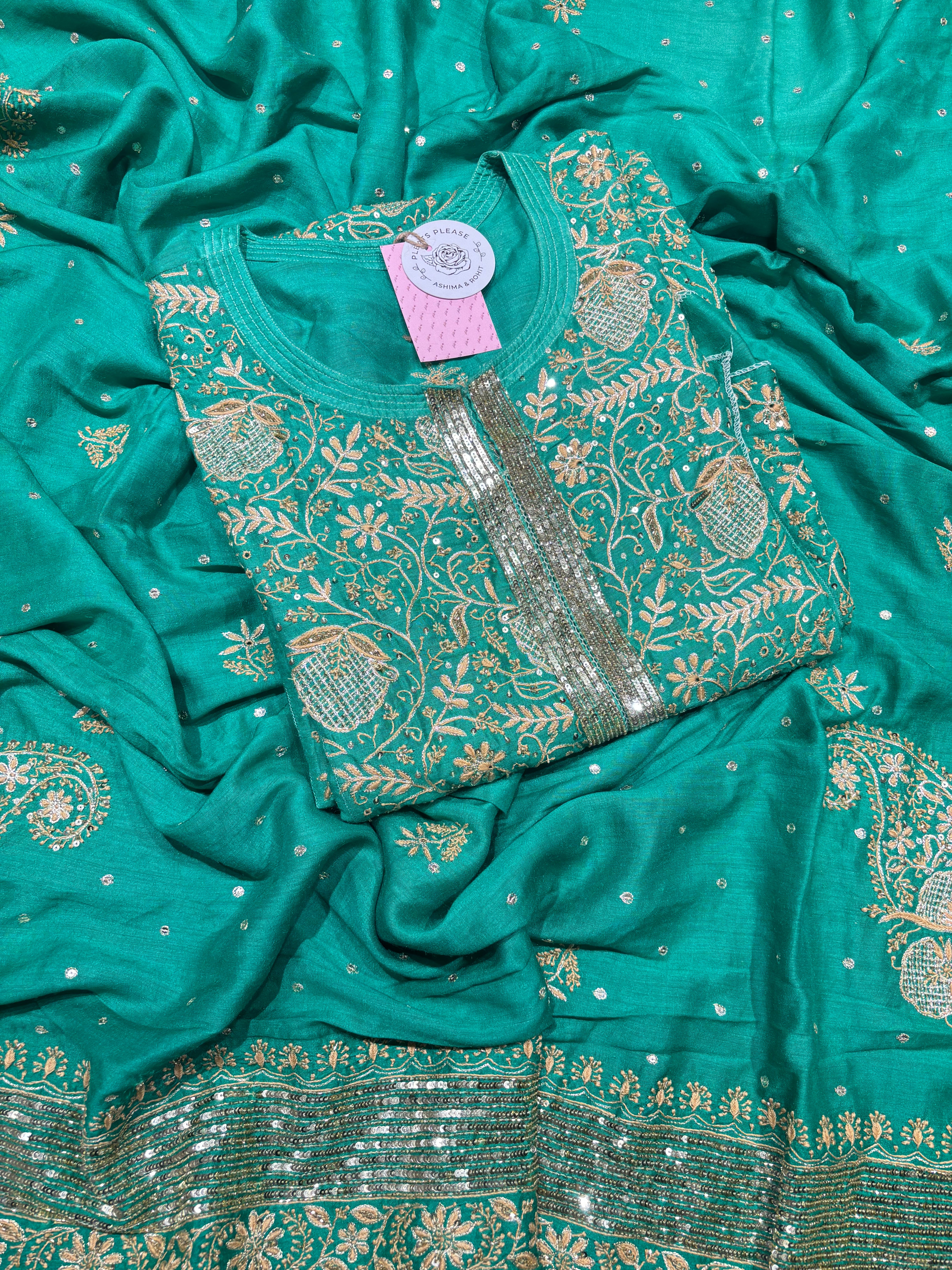 Green Monga Silk Chikankari Kurta and Dupatta