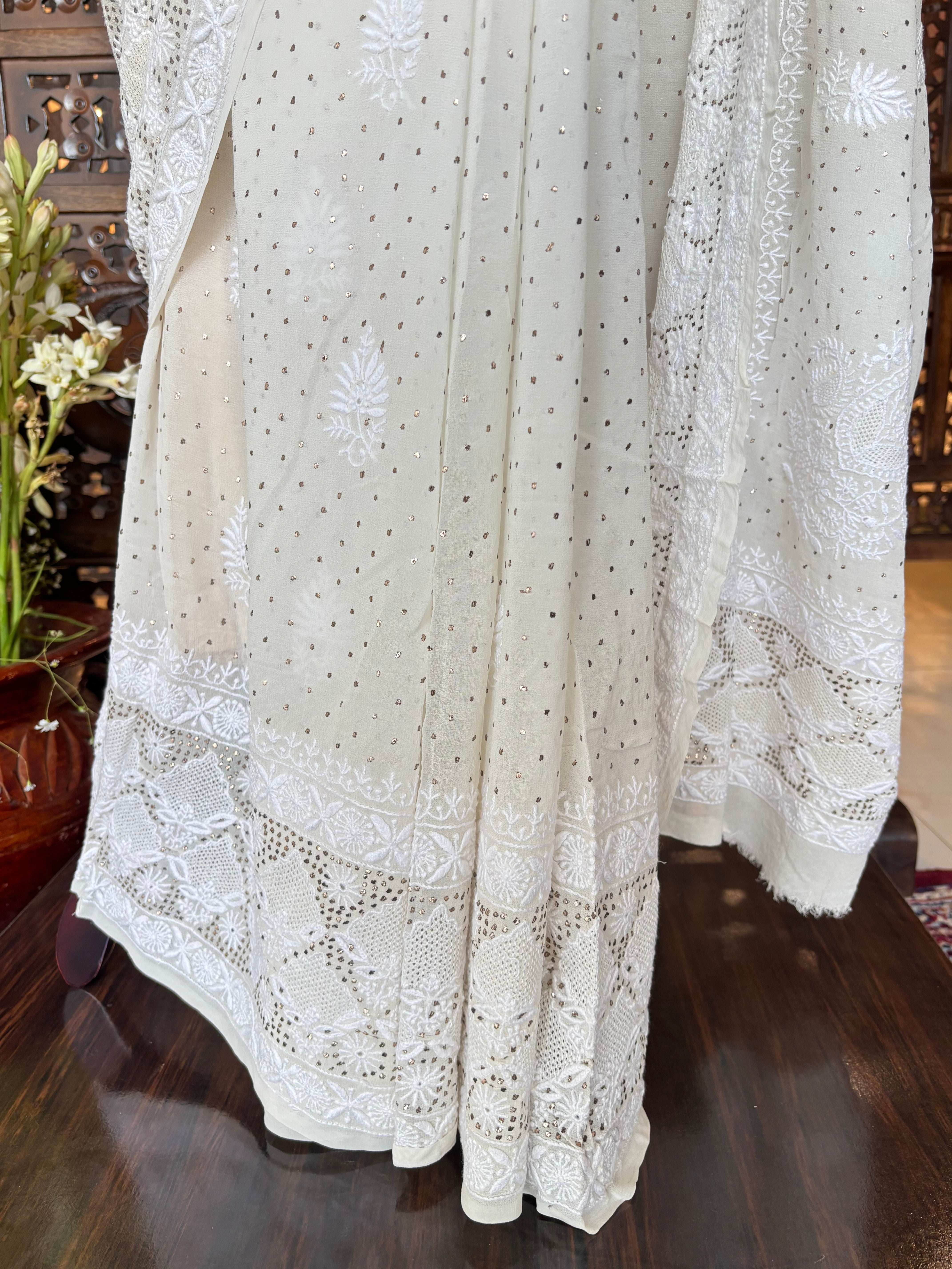 Dyeable Pure & Premium Georgette Mukaish Chikankari Saree