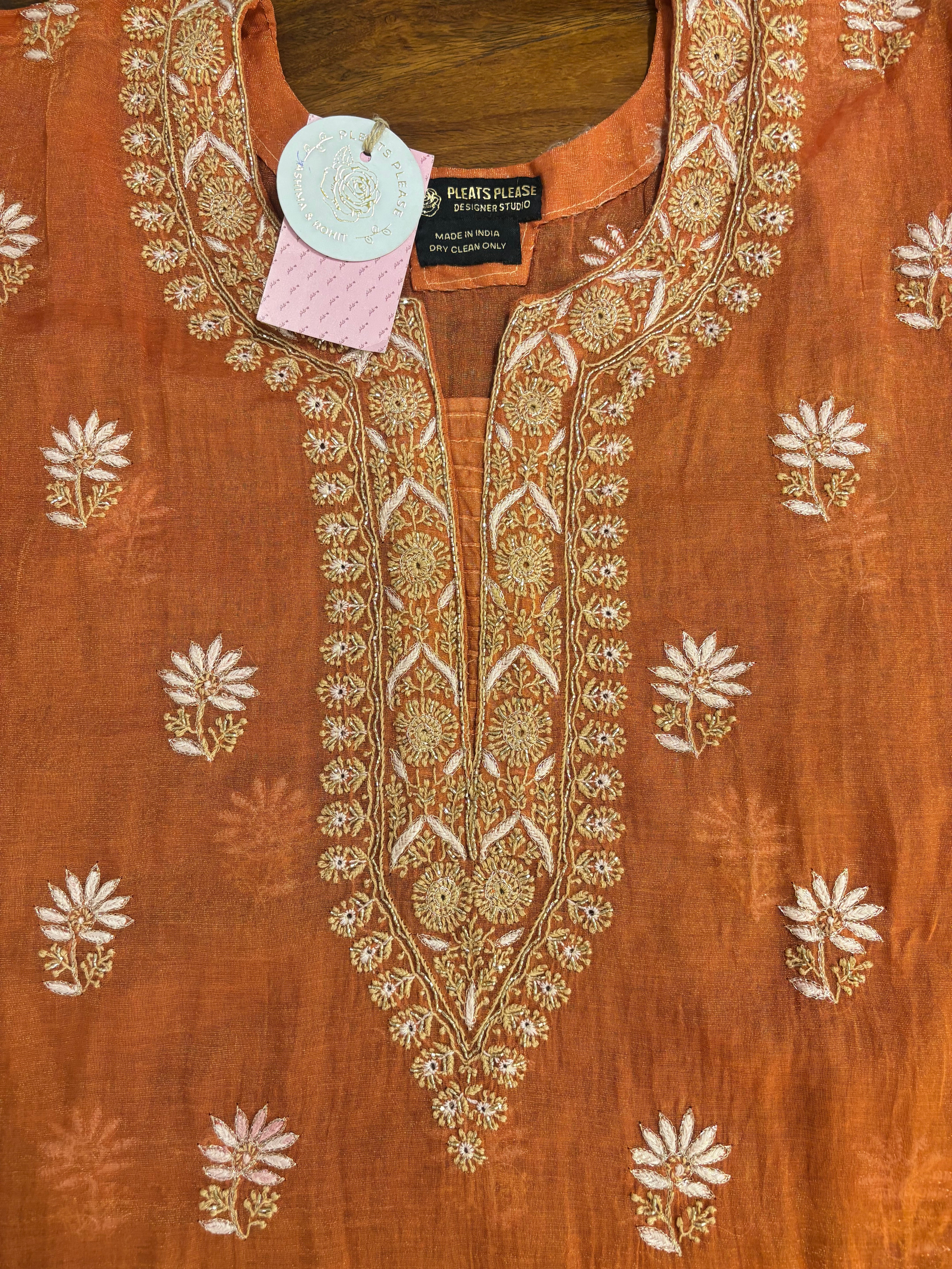 Burnt Orange Pure & Premium Tissue Chikankari A-Line Kurta & Dupatta