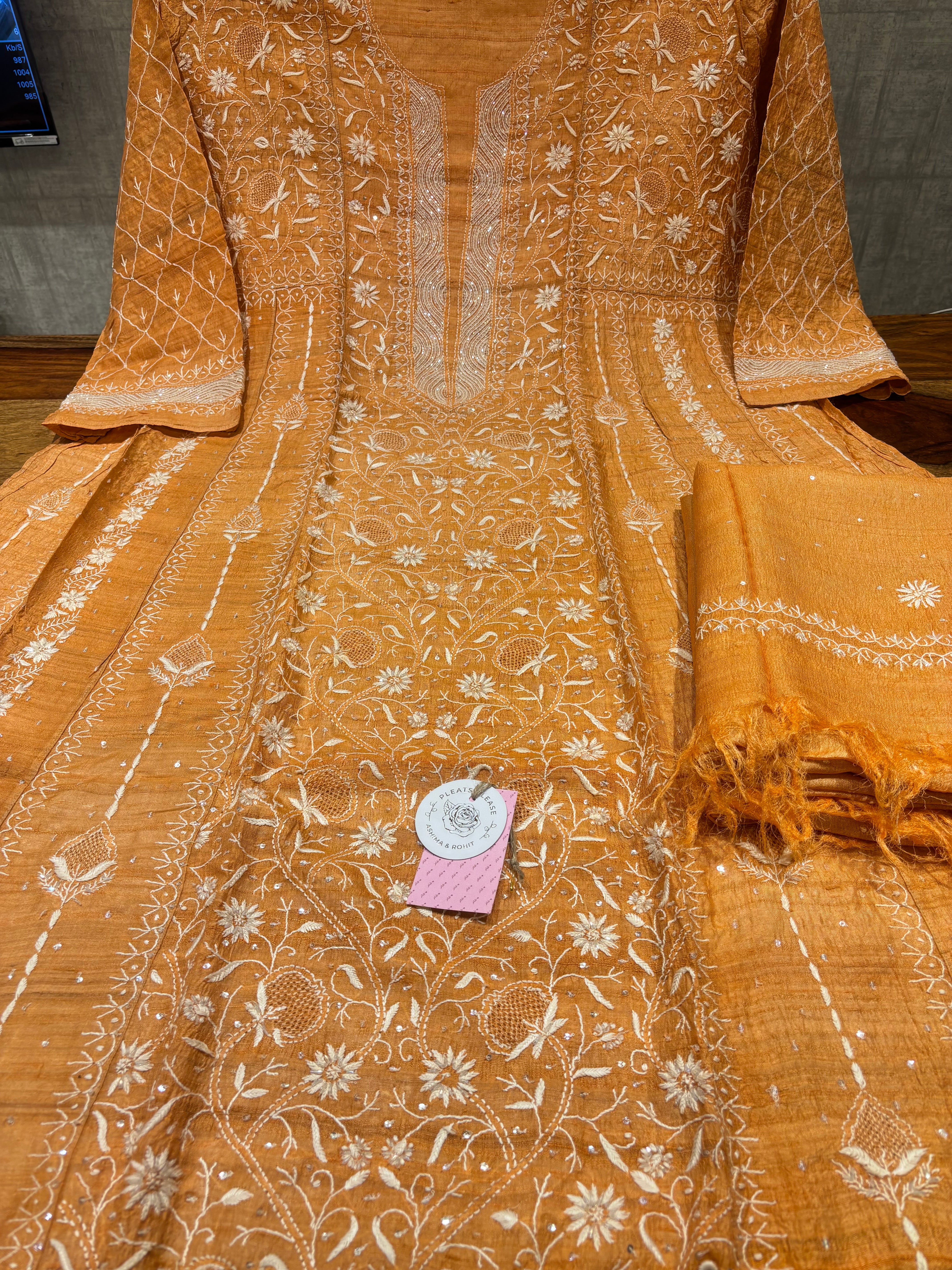 Orange Pure & Premium Tussar Silk Chikankari Anarkali & Dupatta Set