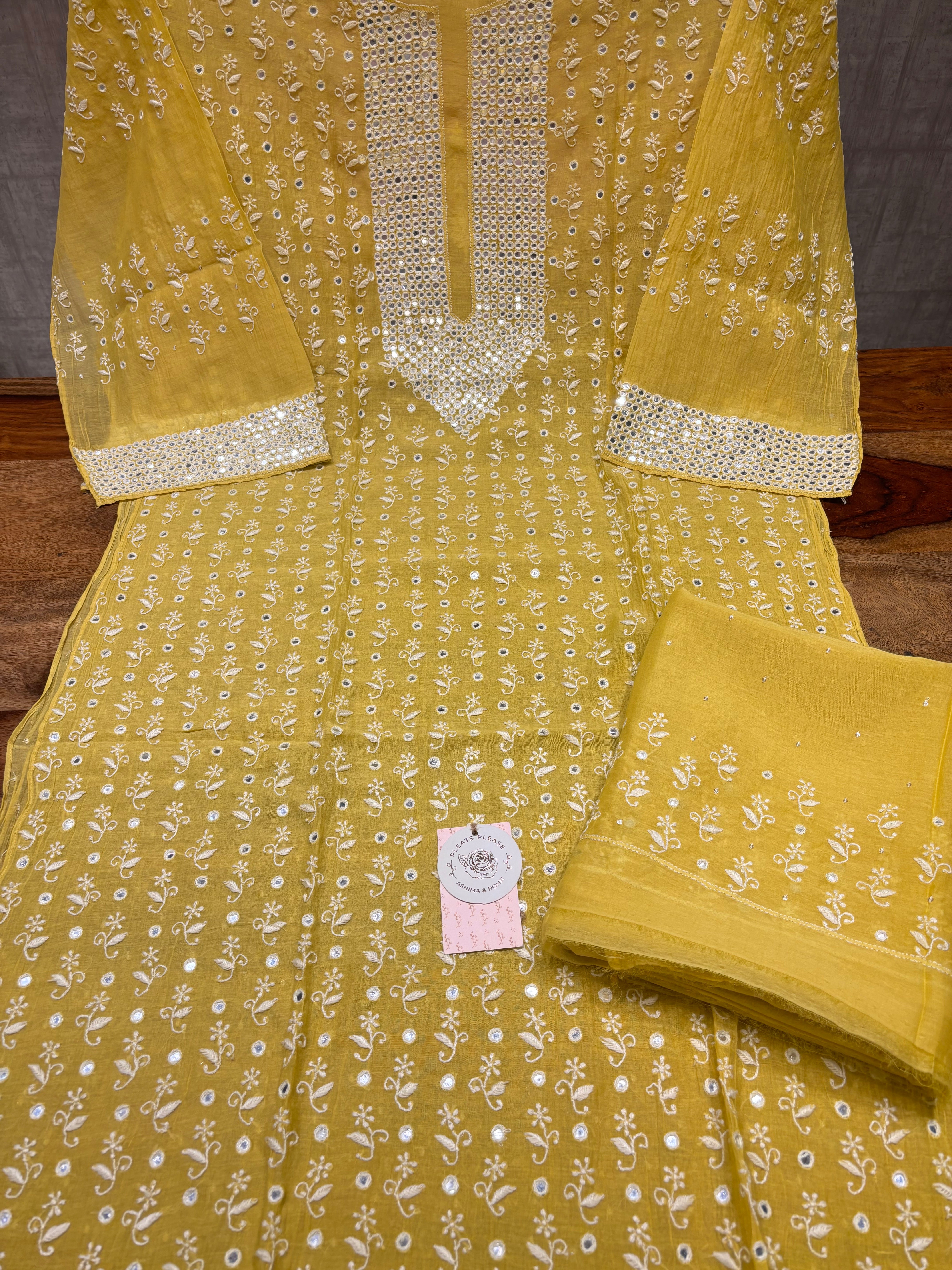 Yellow chanderi Mul Chikankari Kurta and Dupatta Set