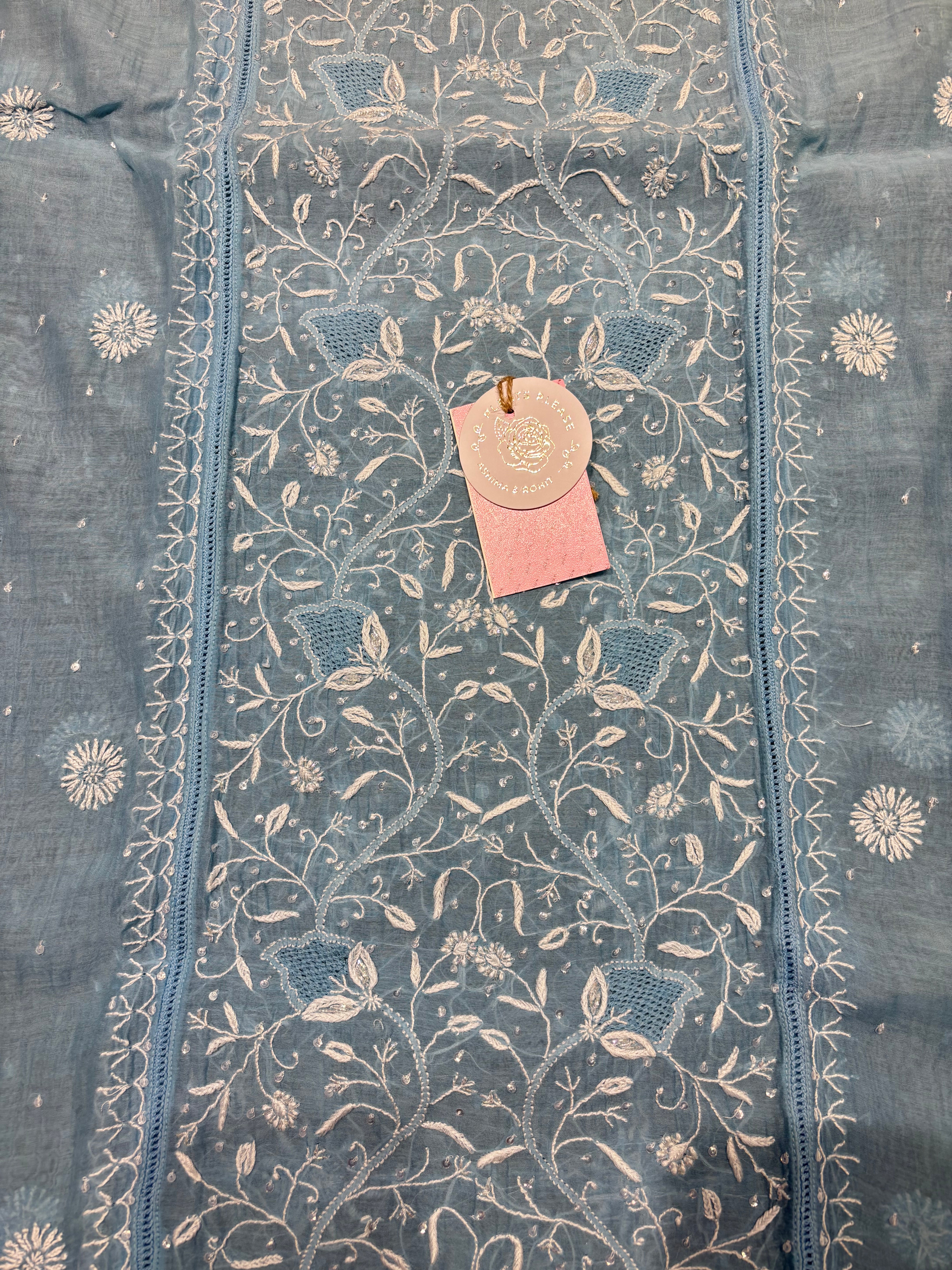 Powder Blue Ombre Chanderi Mul Chikankari Kurta & Dupatta aset