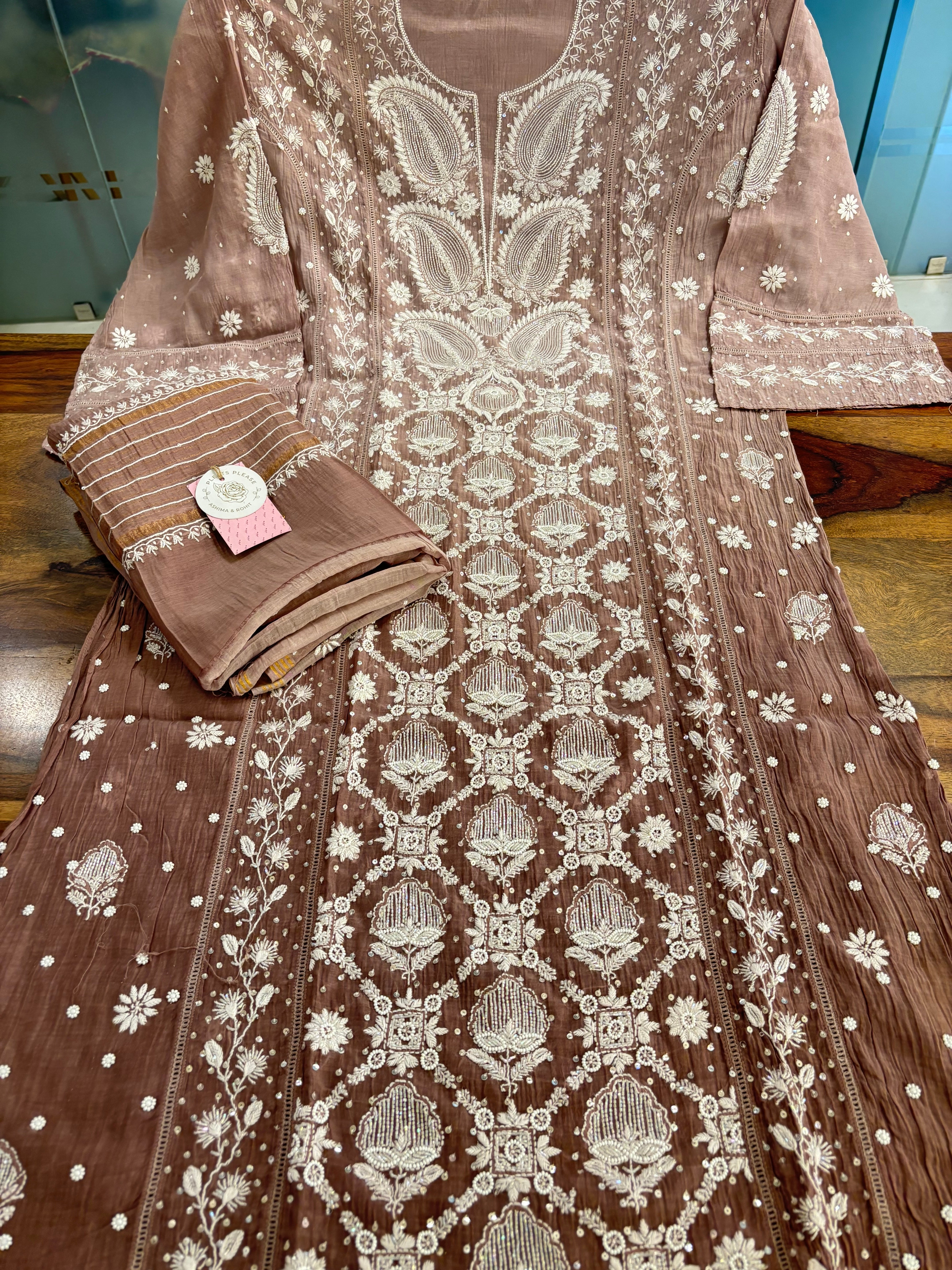 Earthy Brown Ombré Chanderi Chikankari Kurta & Dupatta