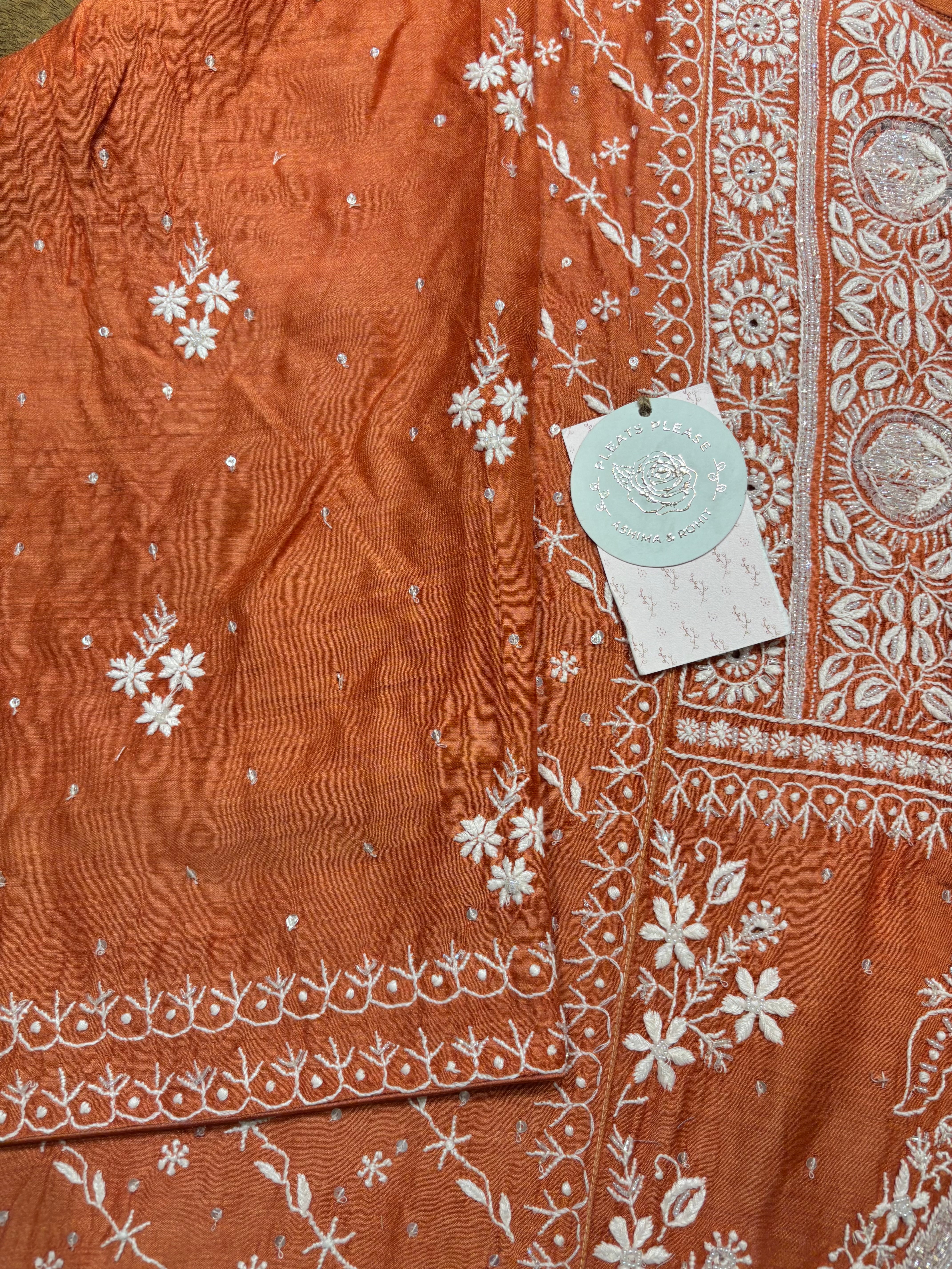 Burnt Orange Monga Silk Chikankari Kurta And Dupatta Set