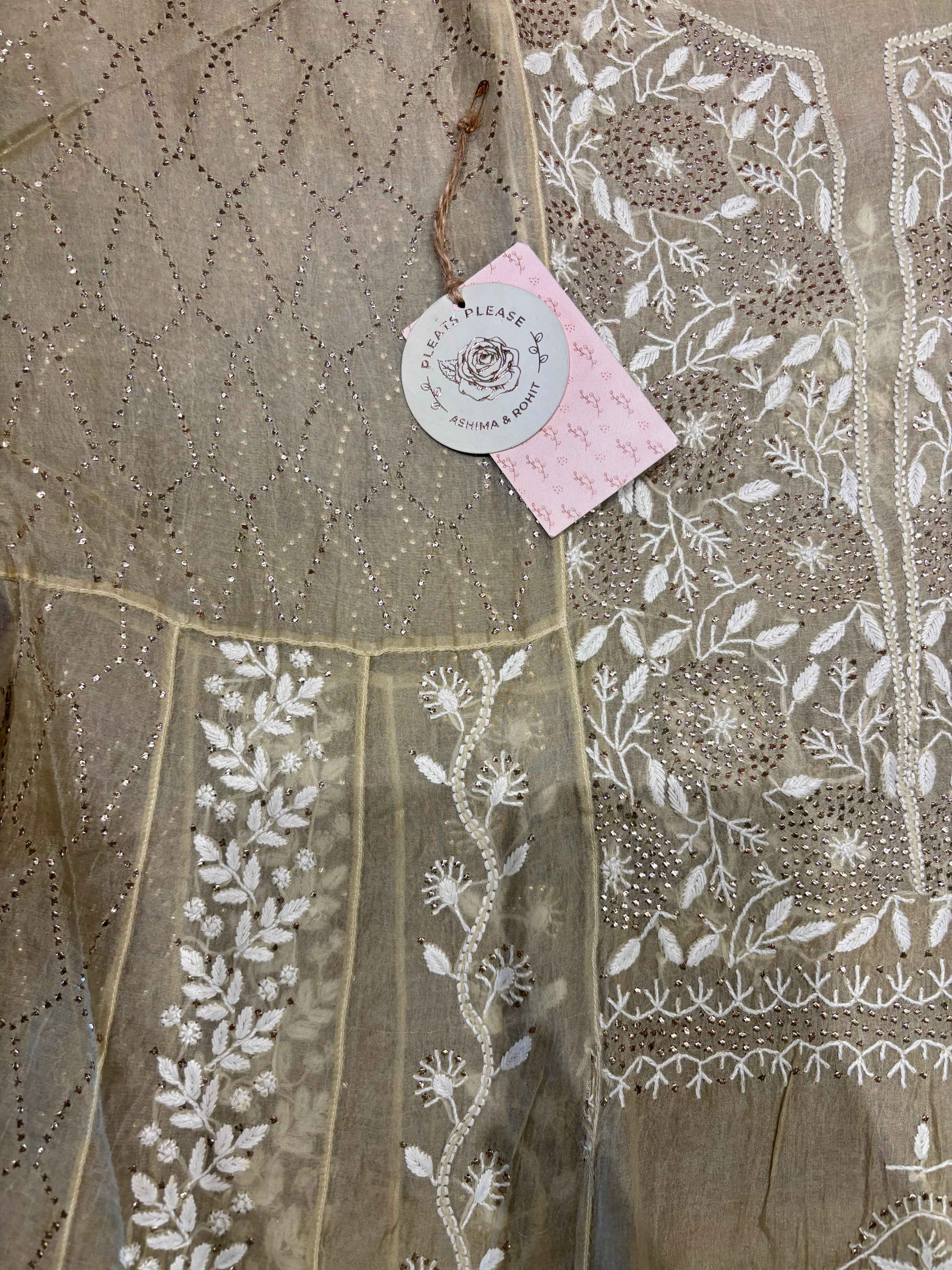 Golden Organza chikankari Anarkali and dupatta - Pleats PleaseChikankari