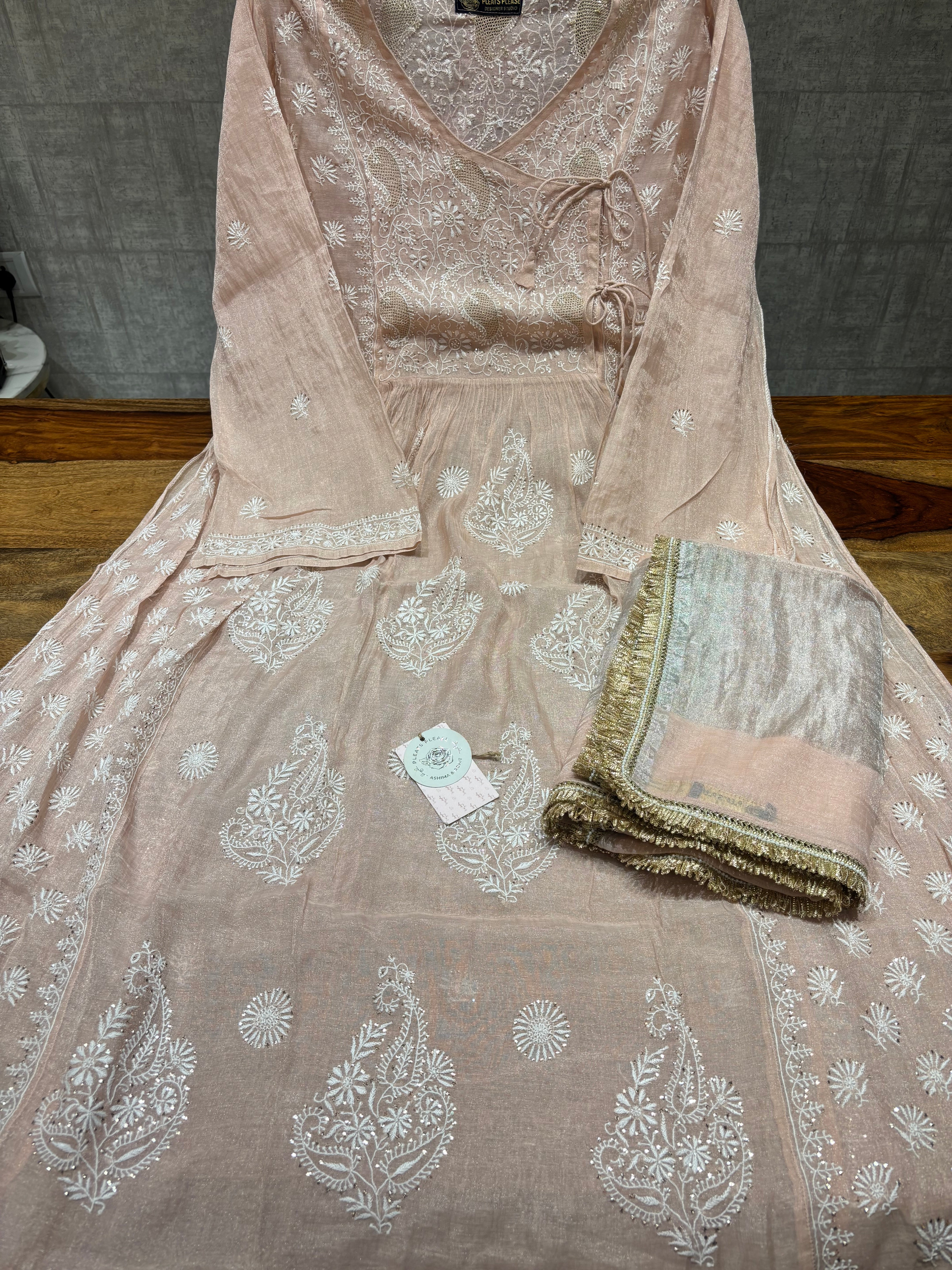Peach Pure & Premium Tissue Chikankari Angrakha Kurta & Dupatta Set