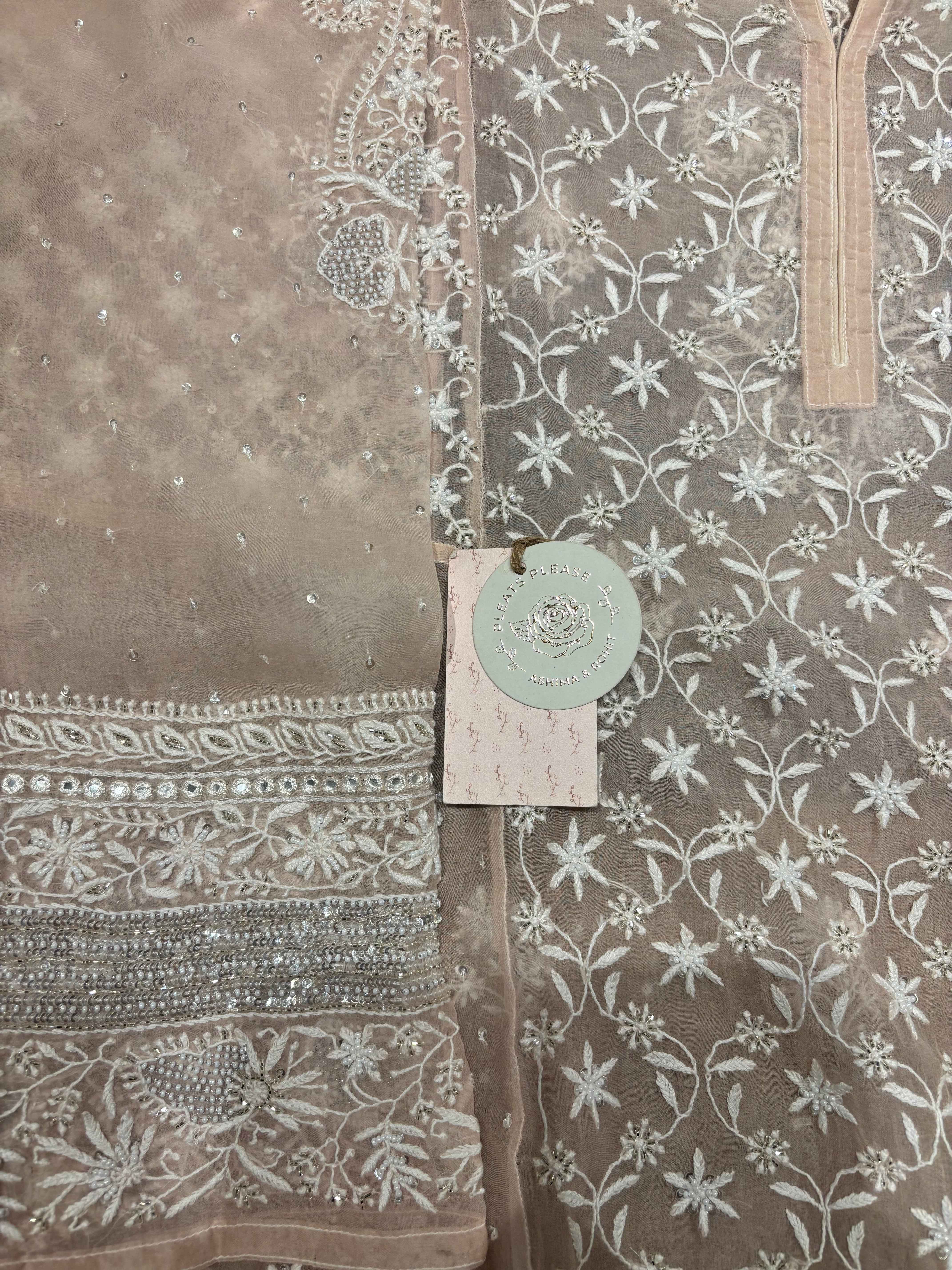 Peach Dust Pure And Premium Organza Anarkali And Dupatta Set - Pleats PleaseChikankari