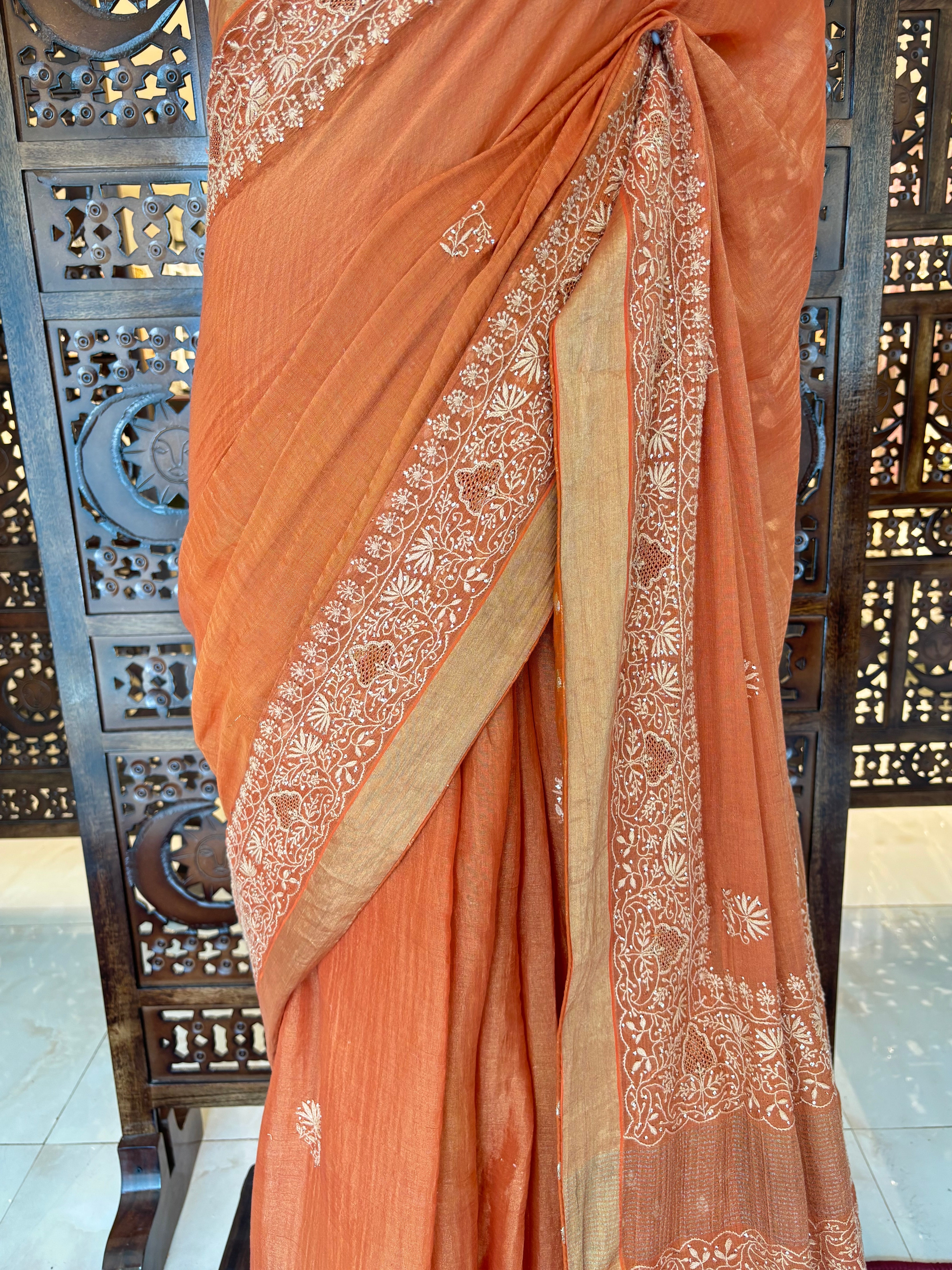 Burnt Orange Tissue Mukaish Chikankari Saree - Elegance Redefined - Pleats PleaseChikankari