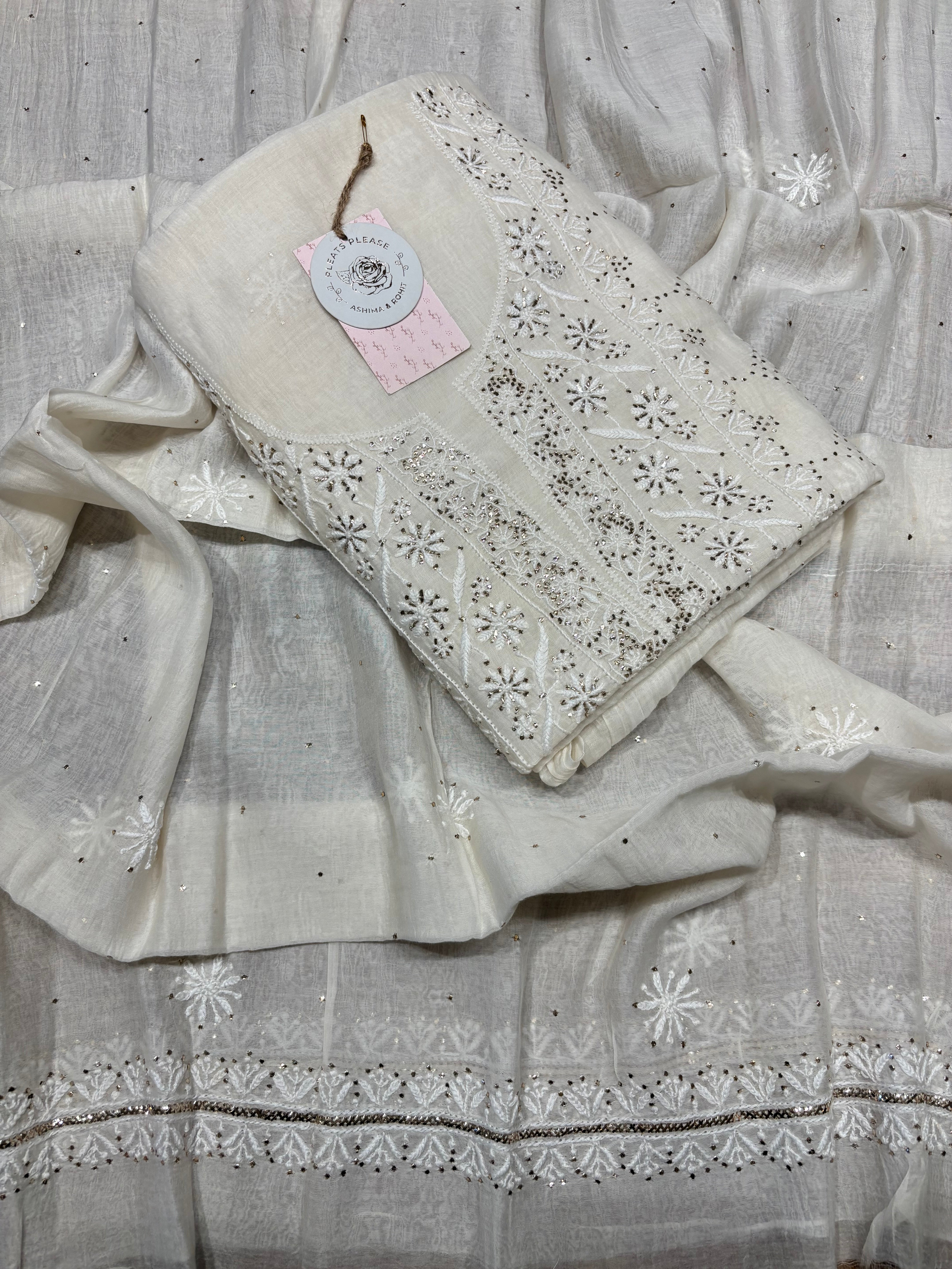 Dyeable Chanderi Mul Chikankari Kurta And Dupatta Fabric