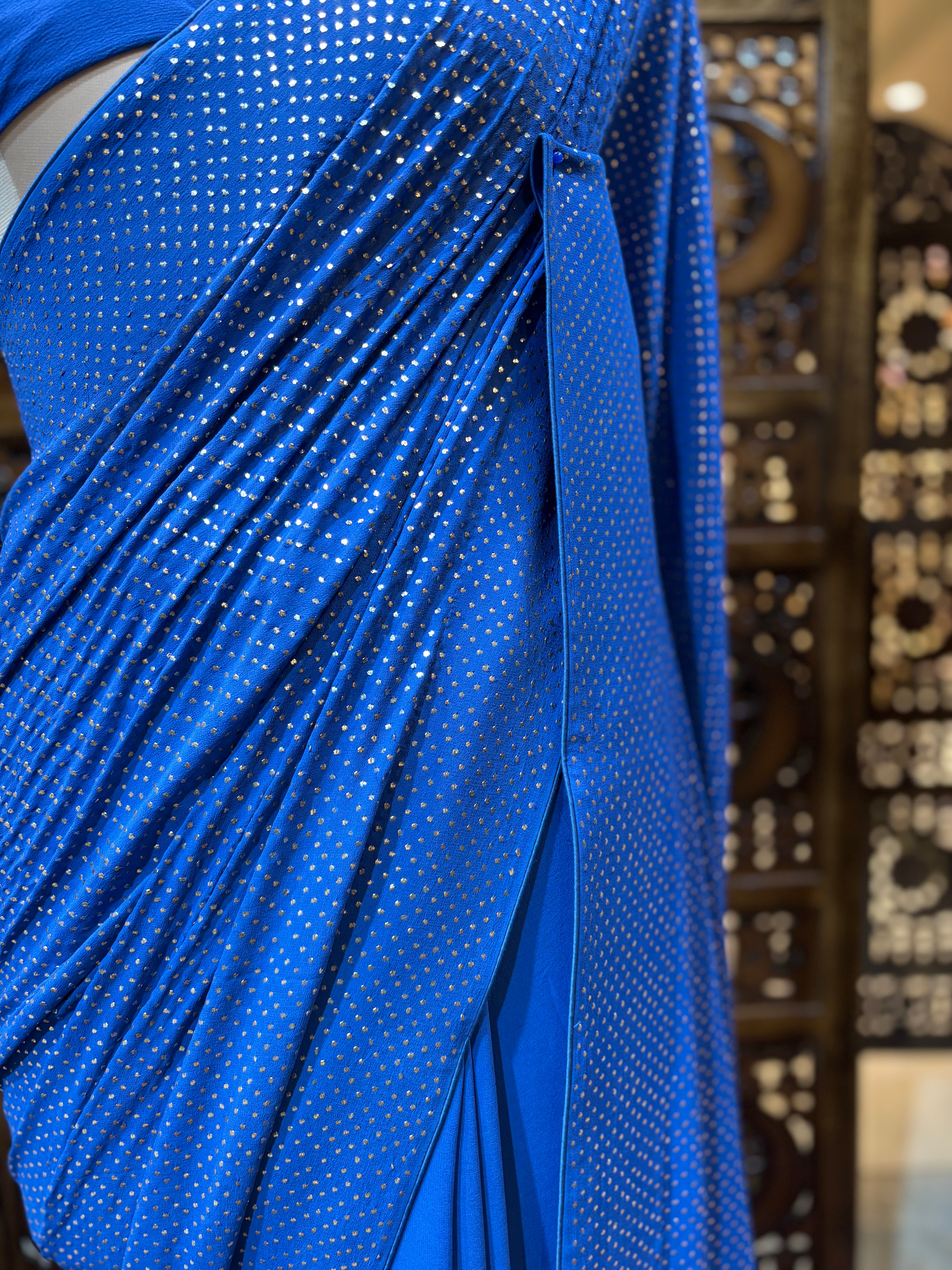 Electric Blue Pure & Premium Georgette Mukaish Saree & Blouse - Pleats PleaseChikankari