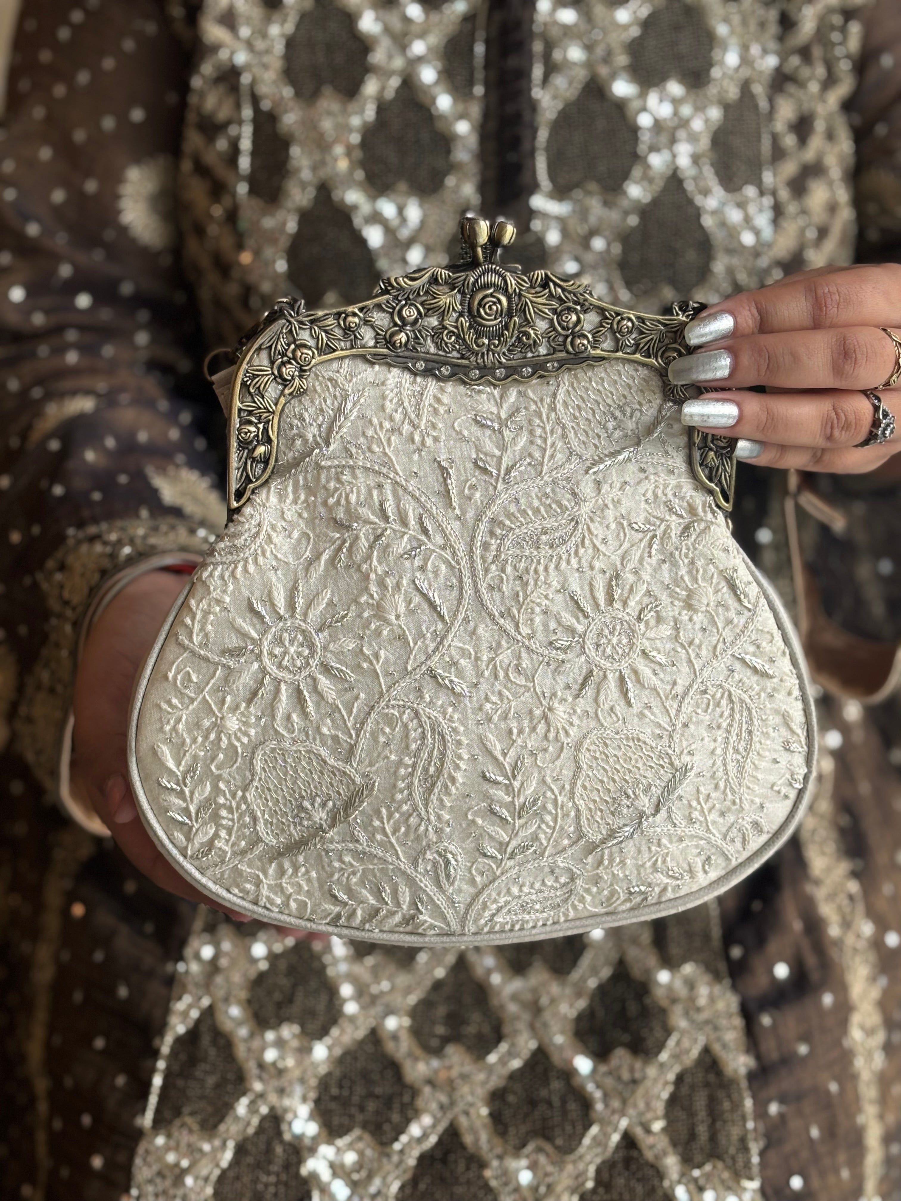 Silver Silk Chikankari Clutch
