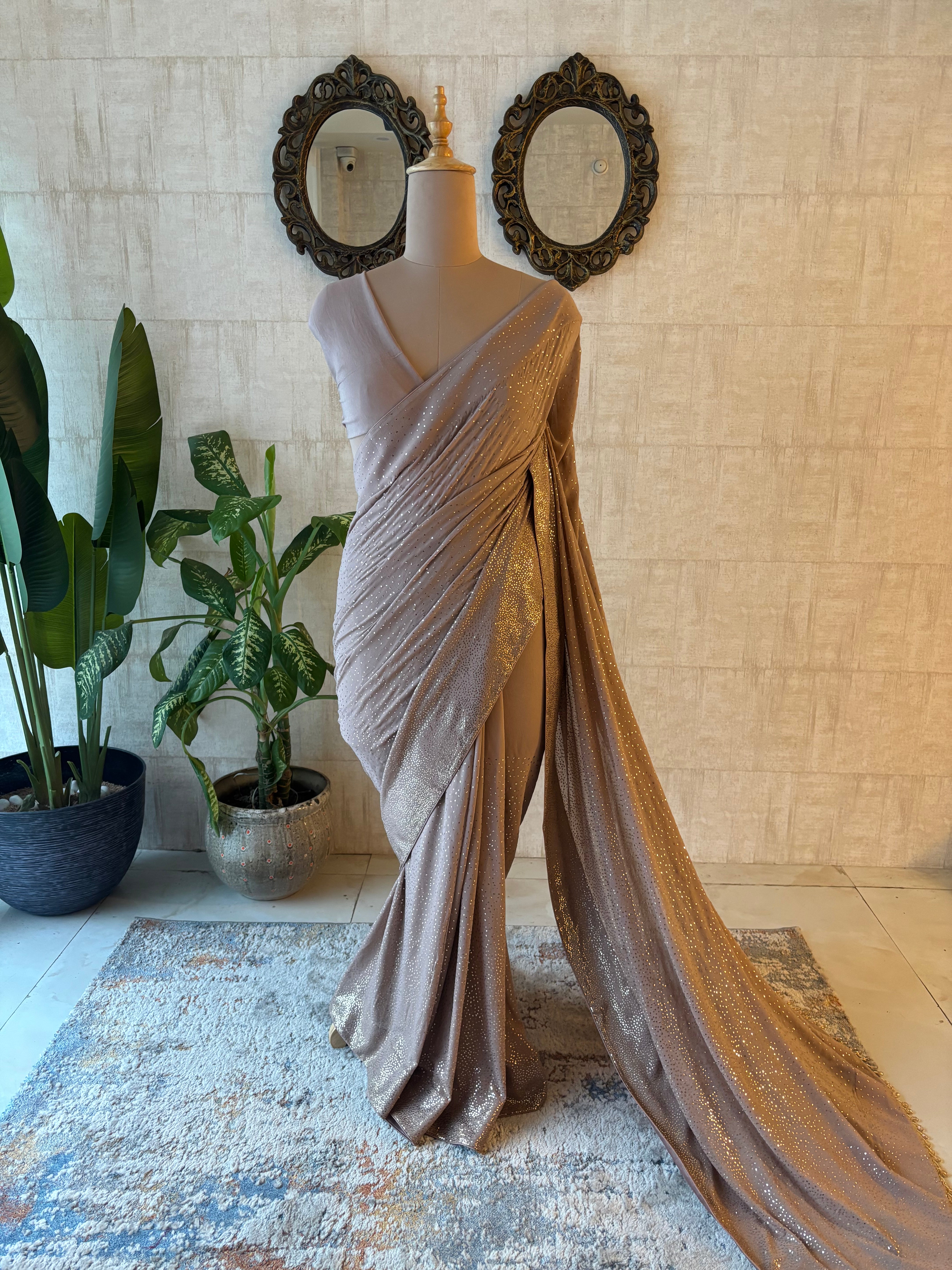 Brown Pure & Premium Georgette Mukaish Saree & Blouse