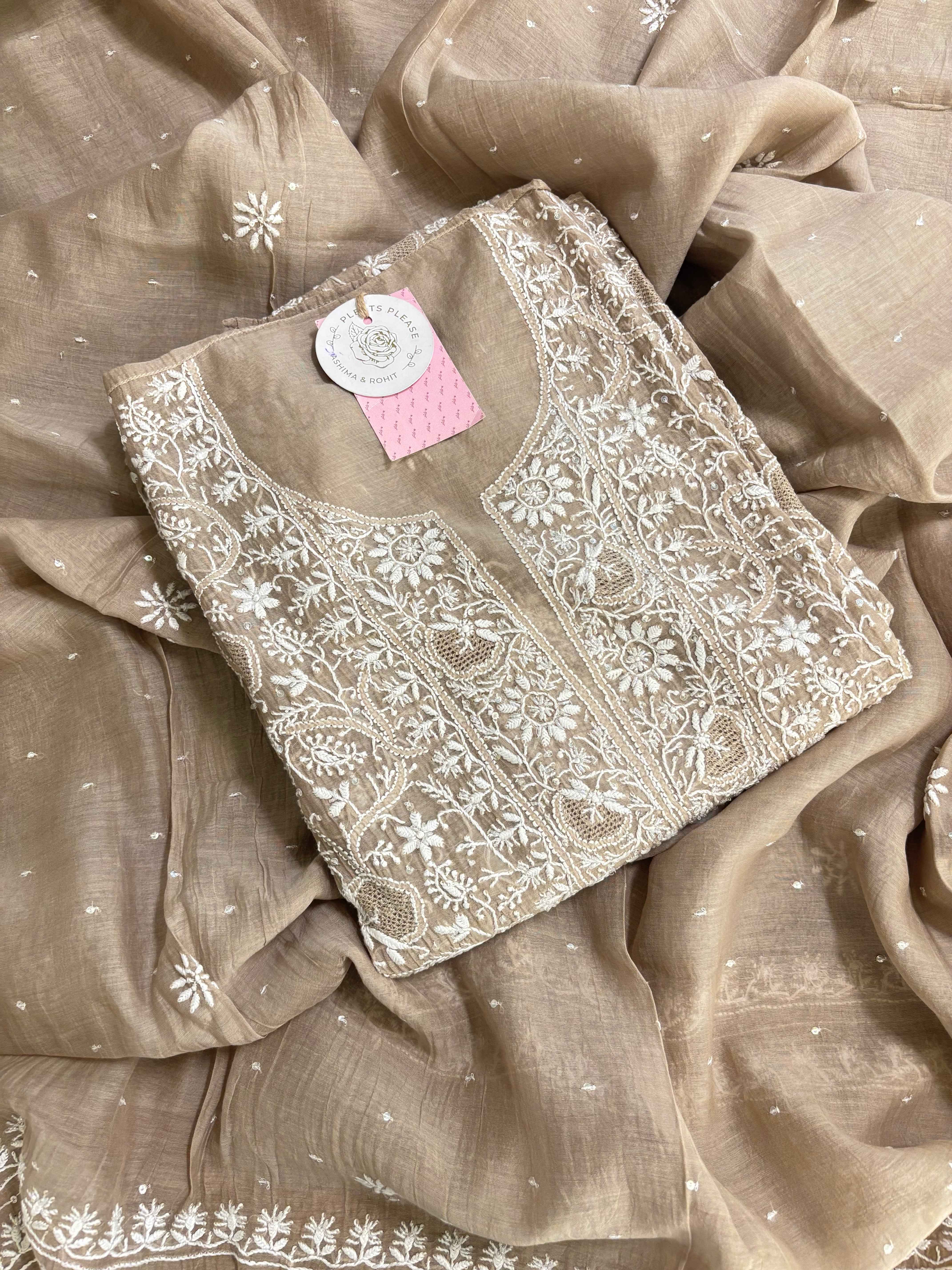 Camel Brown Chanderi Mul Chikankari Kurta and Dupatta