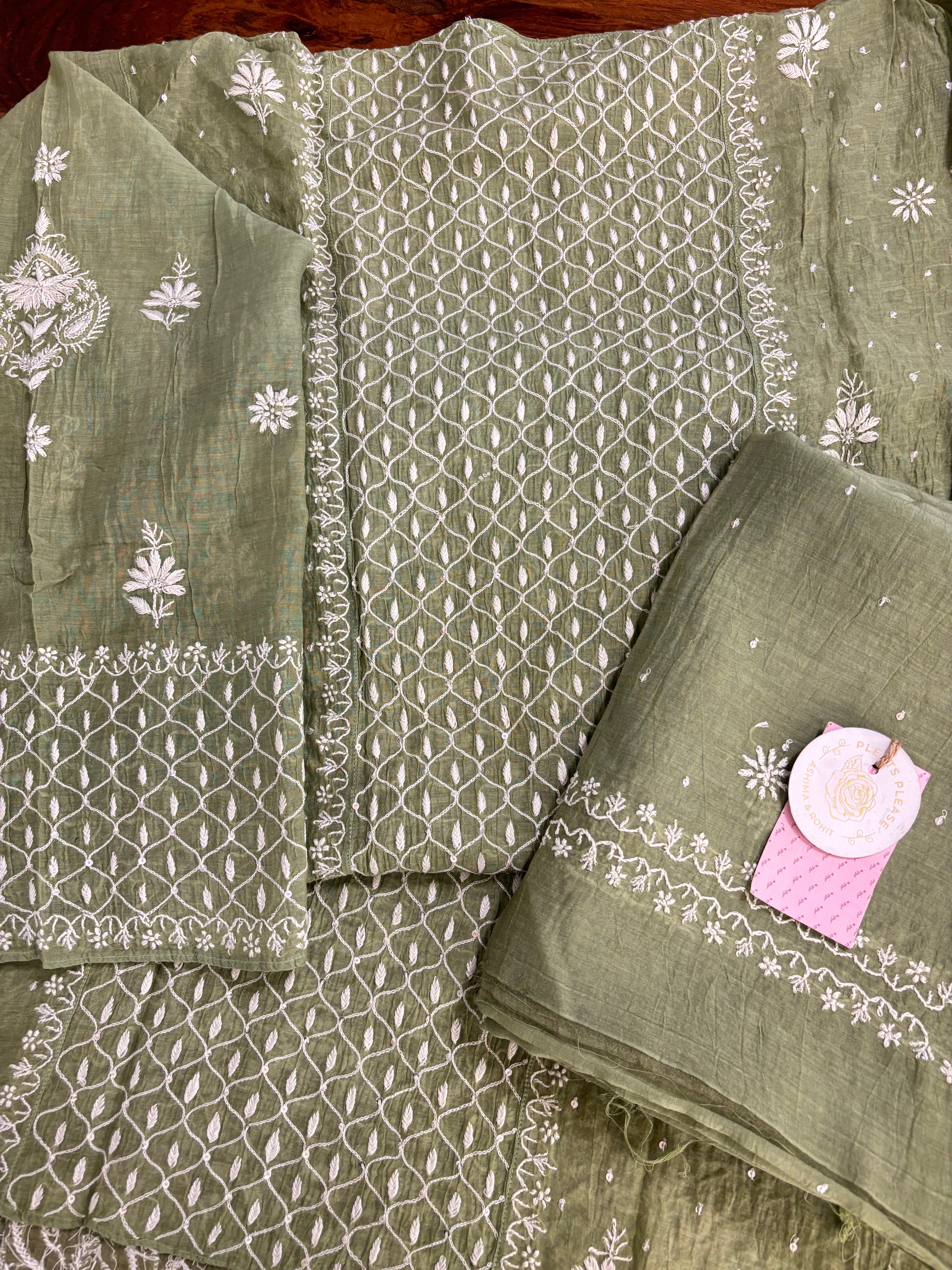 Green Chanderi Chikankari Kurta & Dupatta