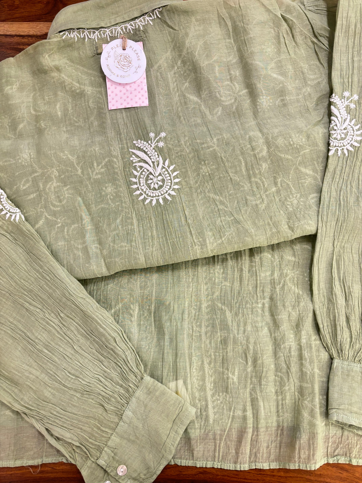Olive Green Chanderi Mul Chikankari Women’s Shirt