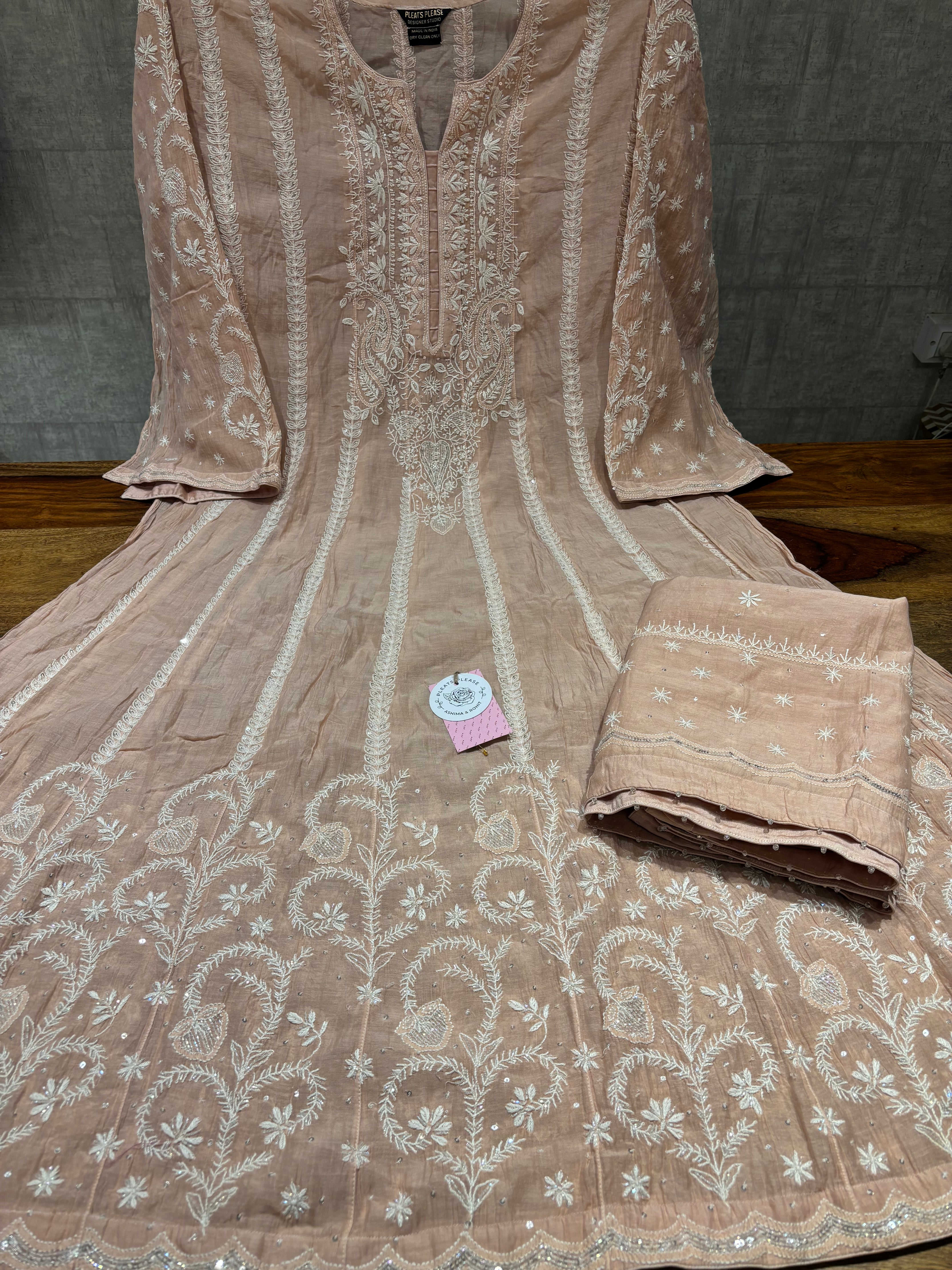 Peach Chanderi Mul Chikankari Anarkali & Dupatta Set