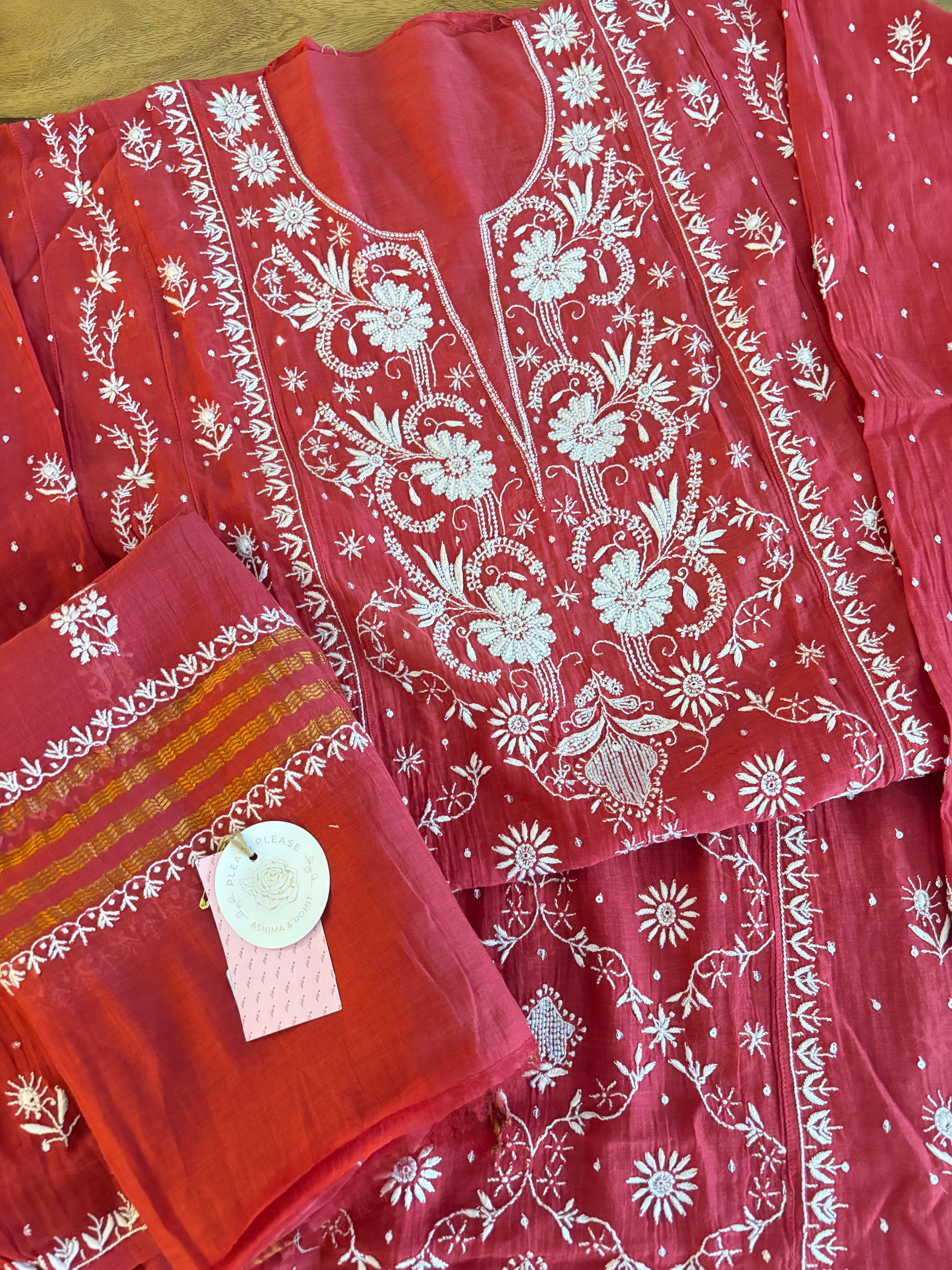 Red Chanderi Chikankari Anarkali & Dupatta