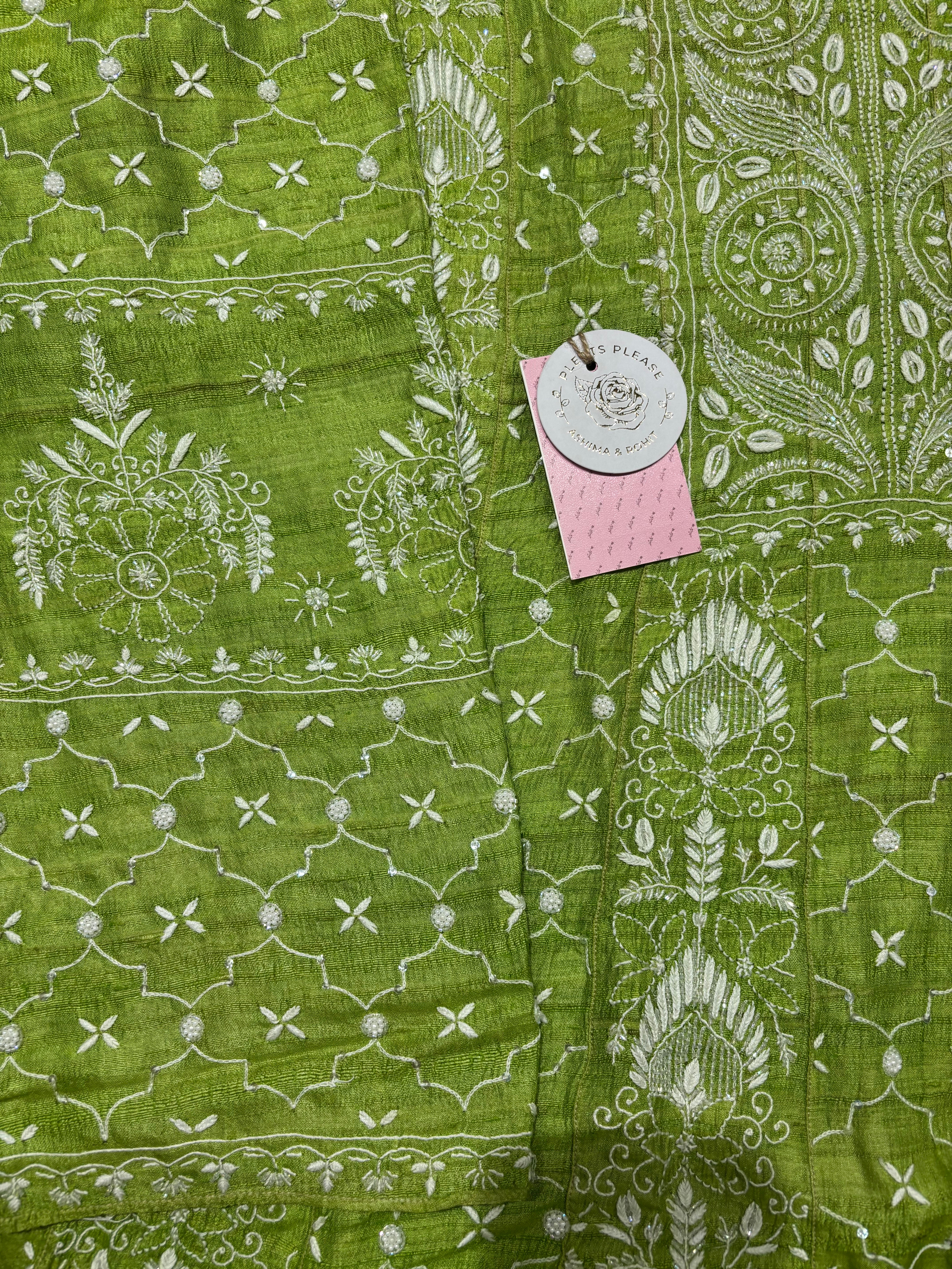 Green Tussar Silk Chikankari Anarkali and Dupatta Set