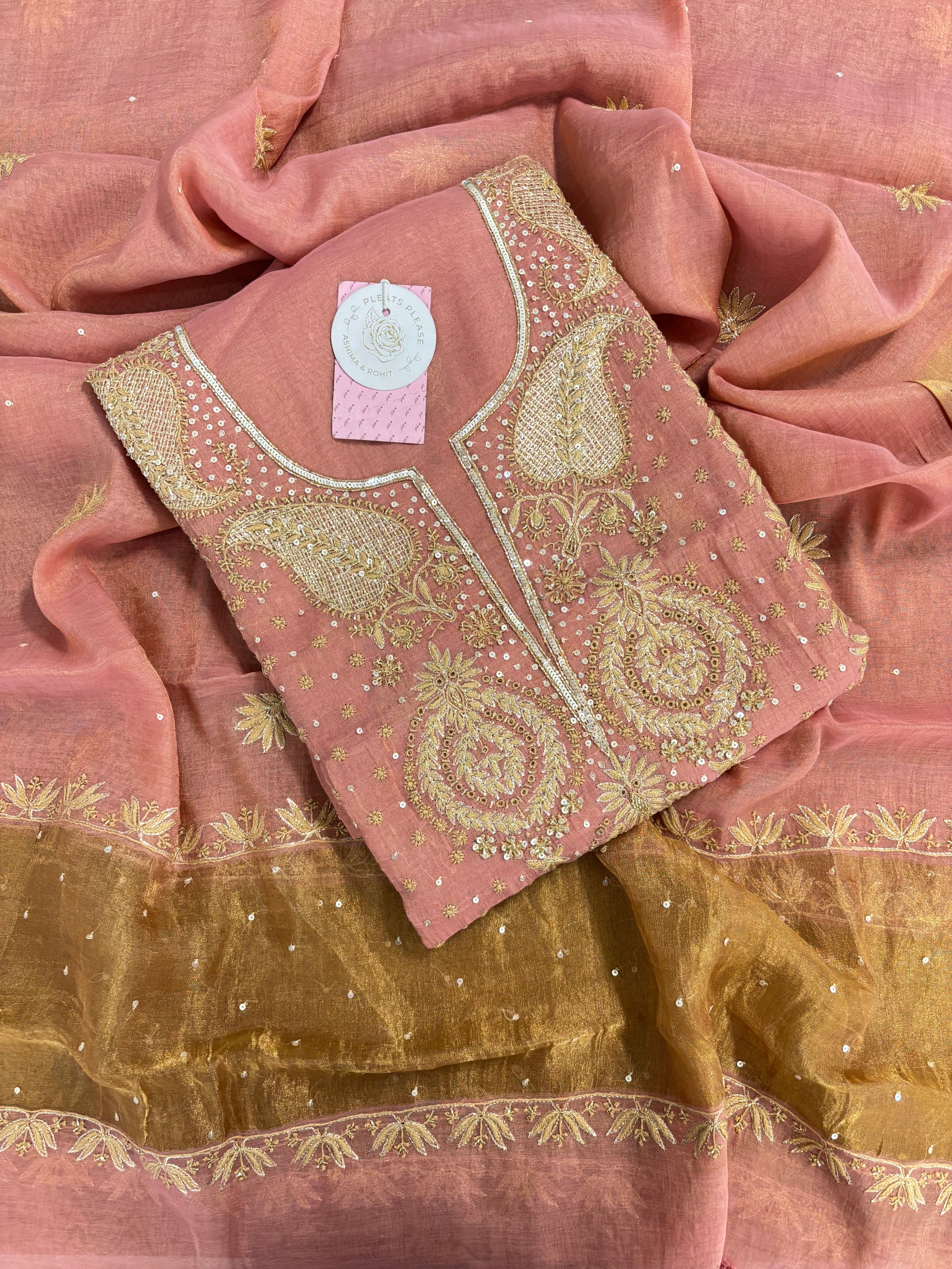 Dusty Rose Pure & Premium Tissue Chikankari Kurta & Dupatta