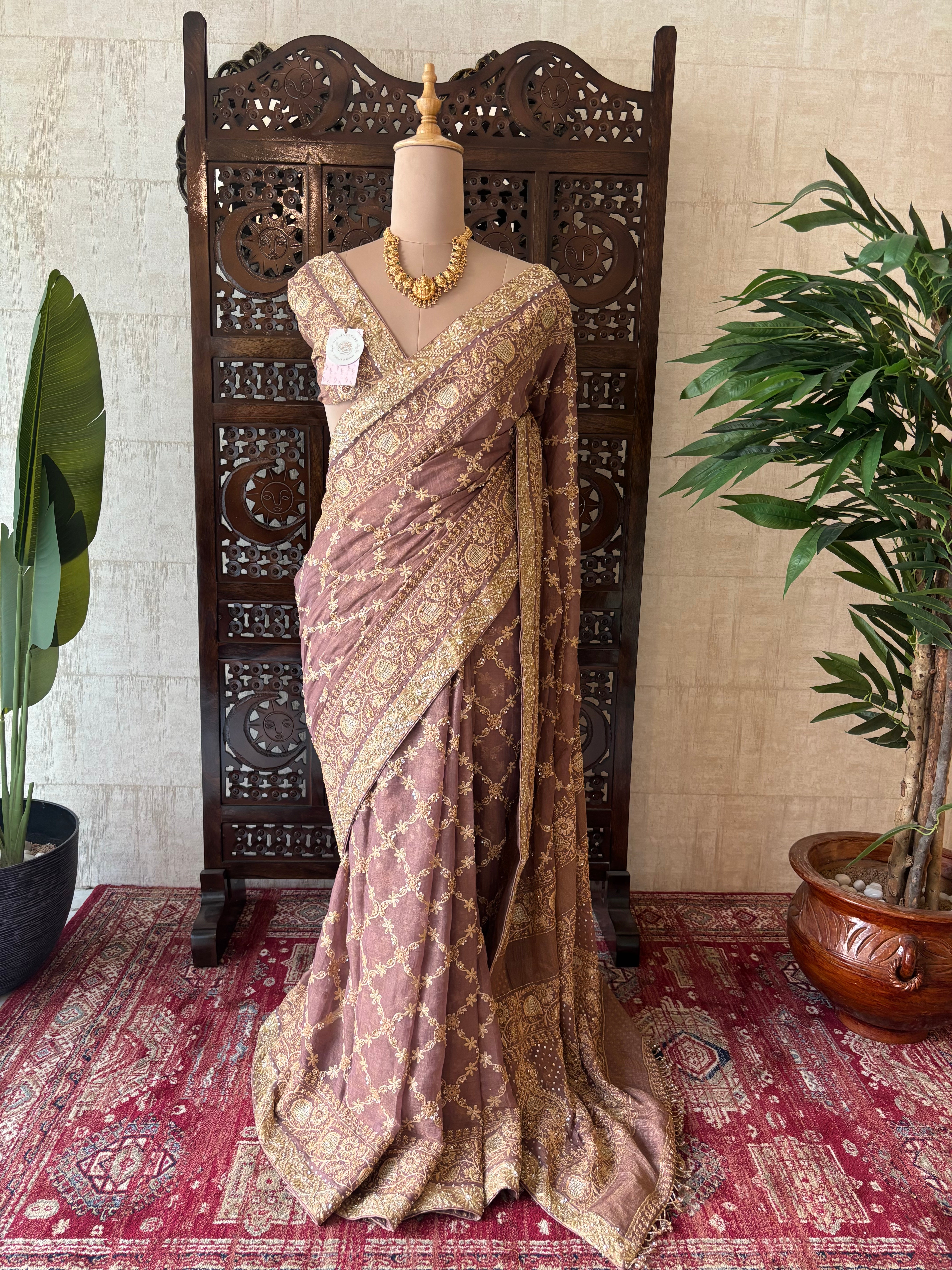 Garnet Pure & Premium Tissue Chikankari Saree and Blouse