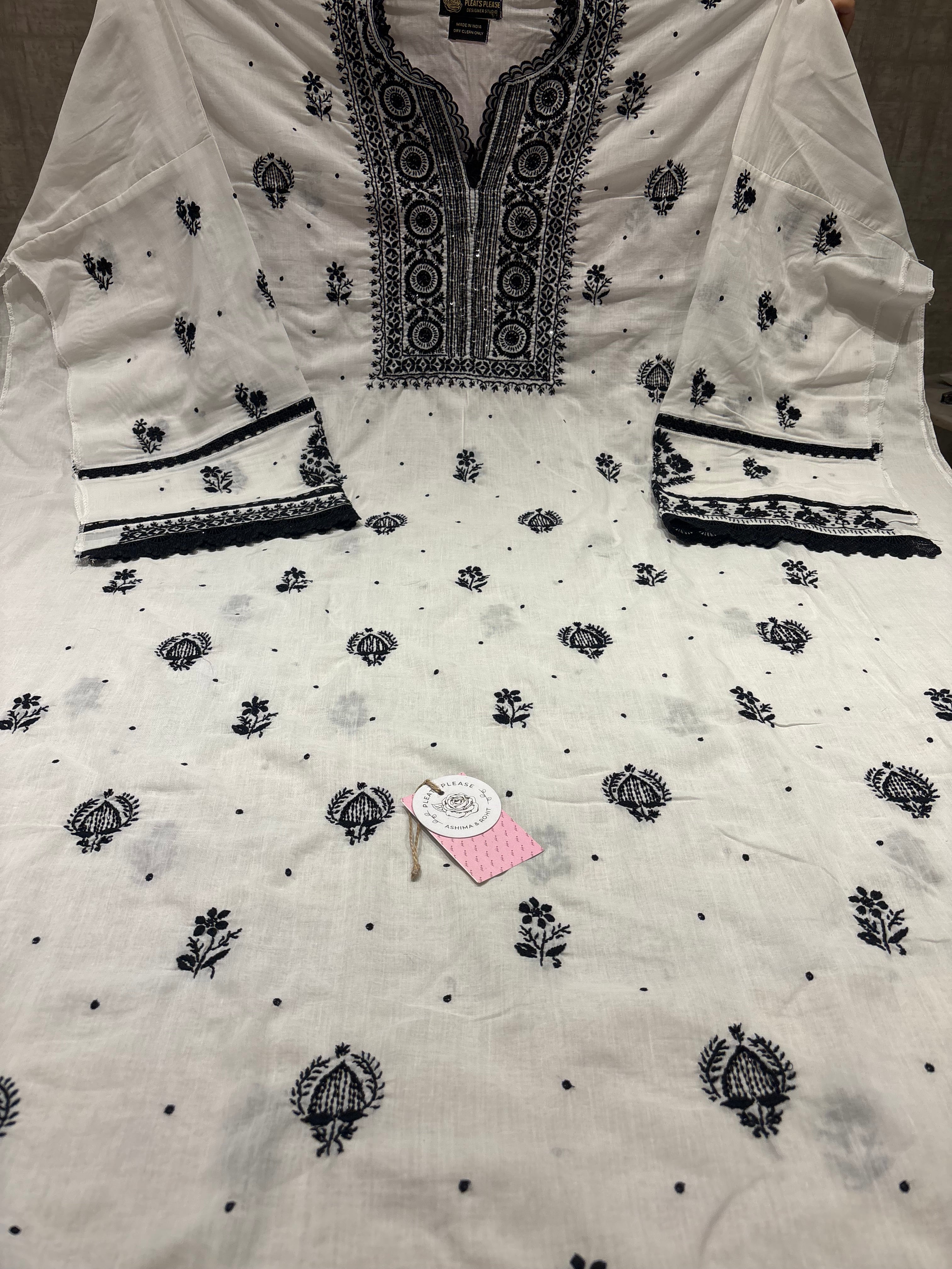 White & Black Chikankari MulMul Kurta Fabric