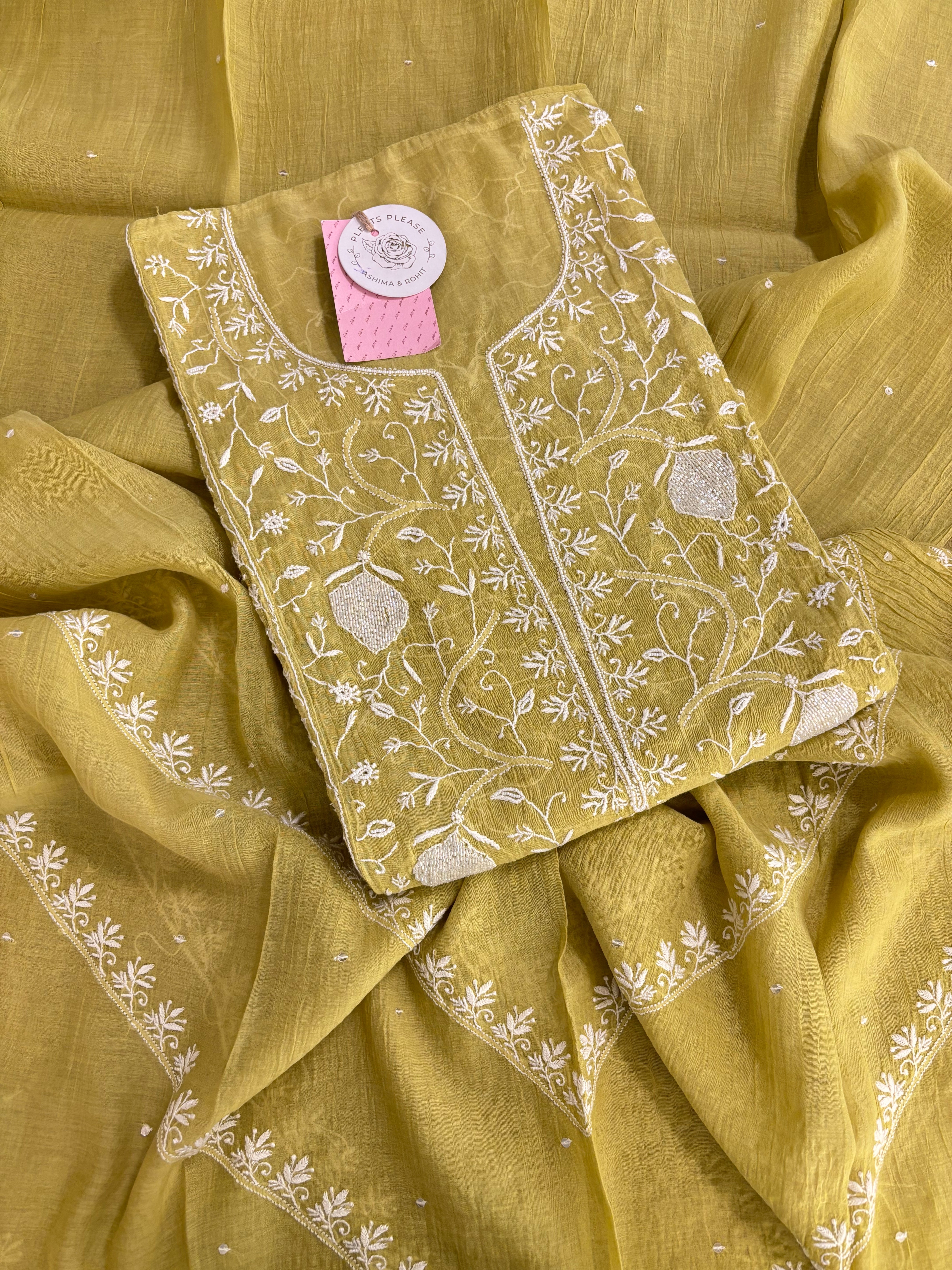 Mustard Yellow Chanderi Chikankari Kurta & Dupatta