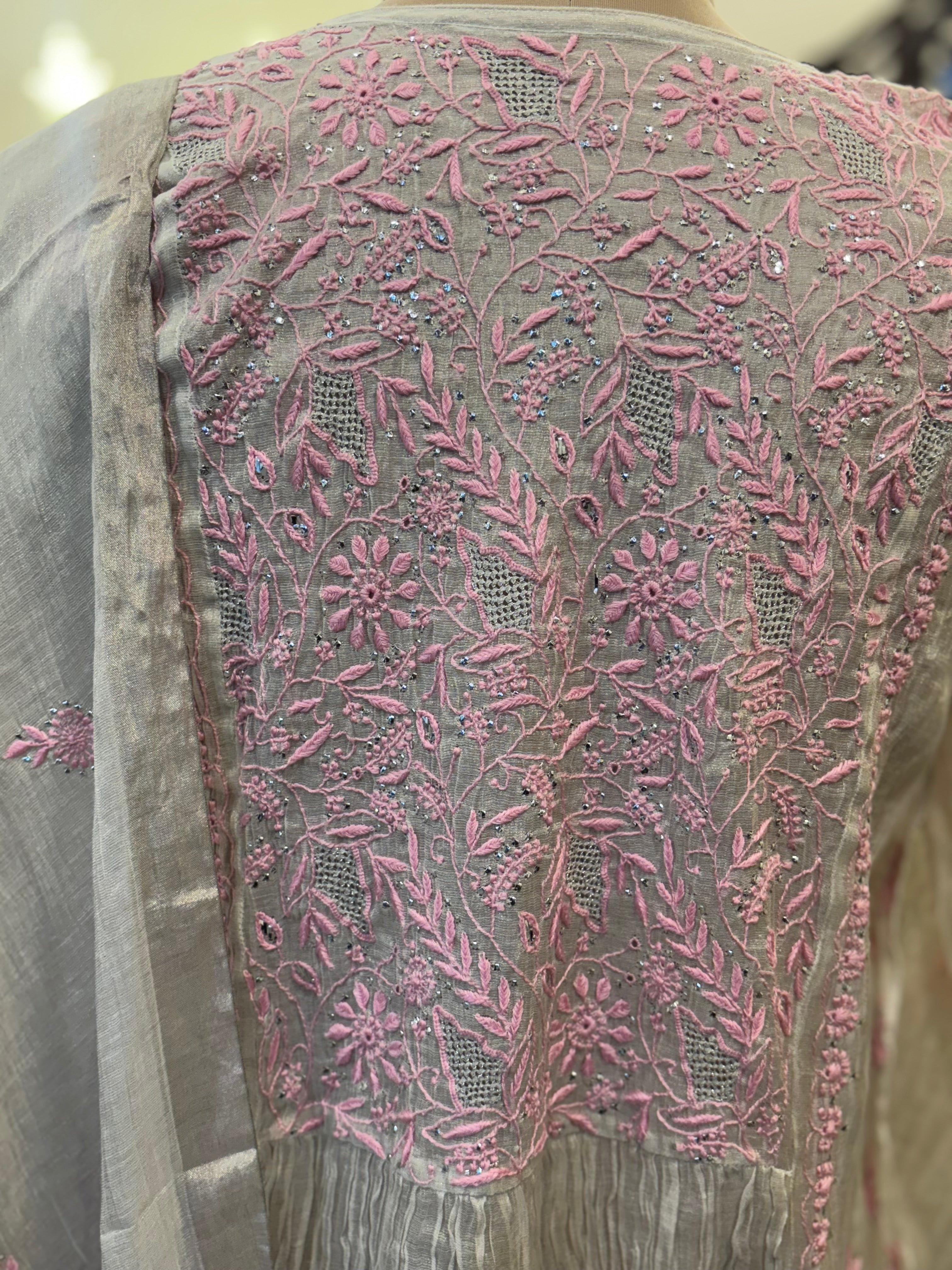 Dyeable pure and premium Tissue Chikankari & Mukaish Angrakha Kurta and Dupatta Set