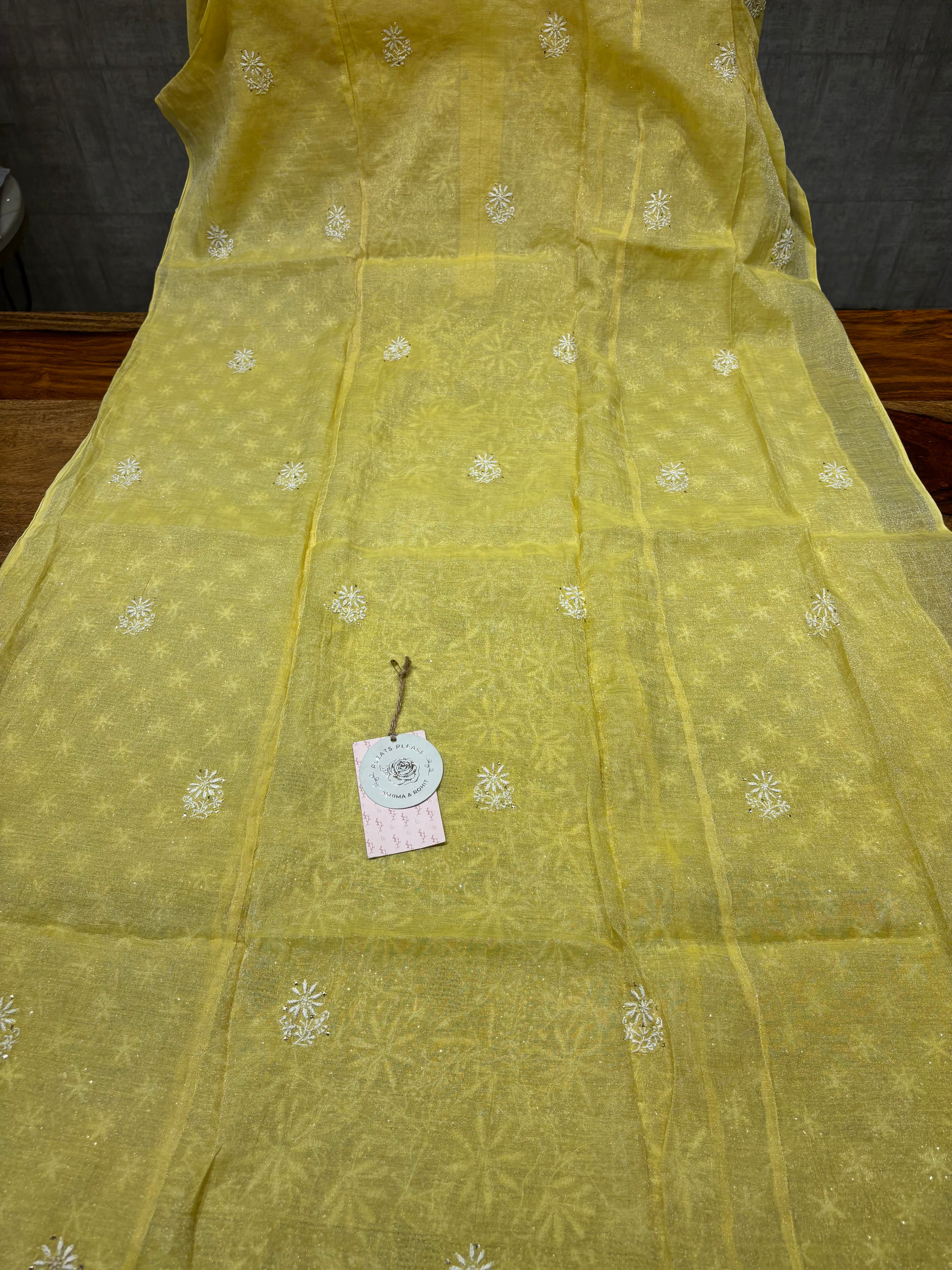 Lime yellow Pure Tissue Chikankari Kurta and Dupatta set