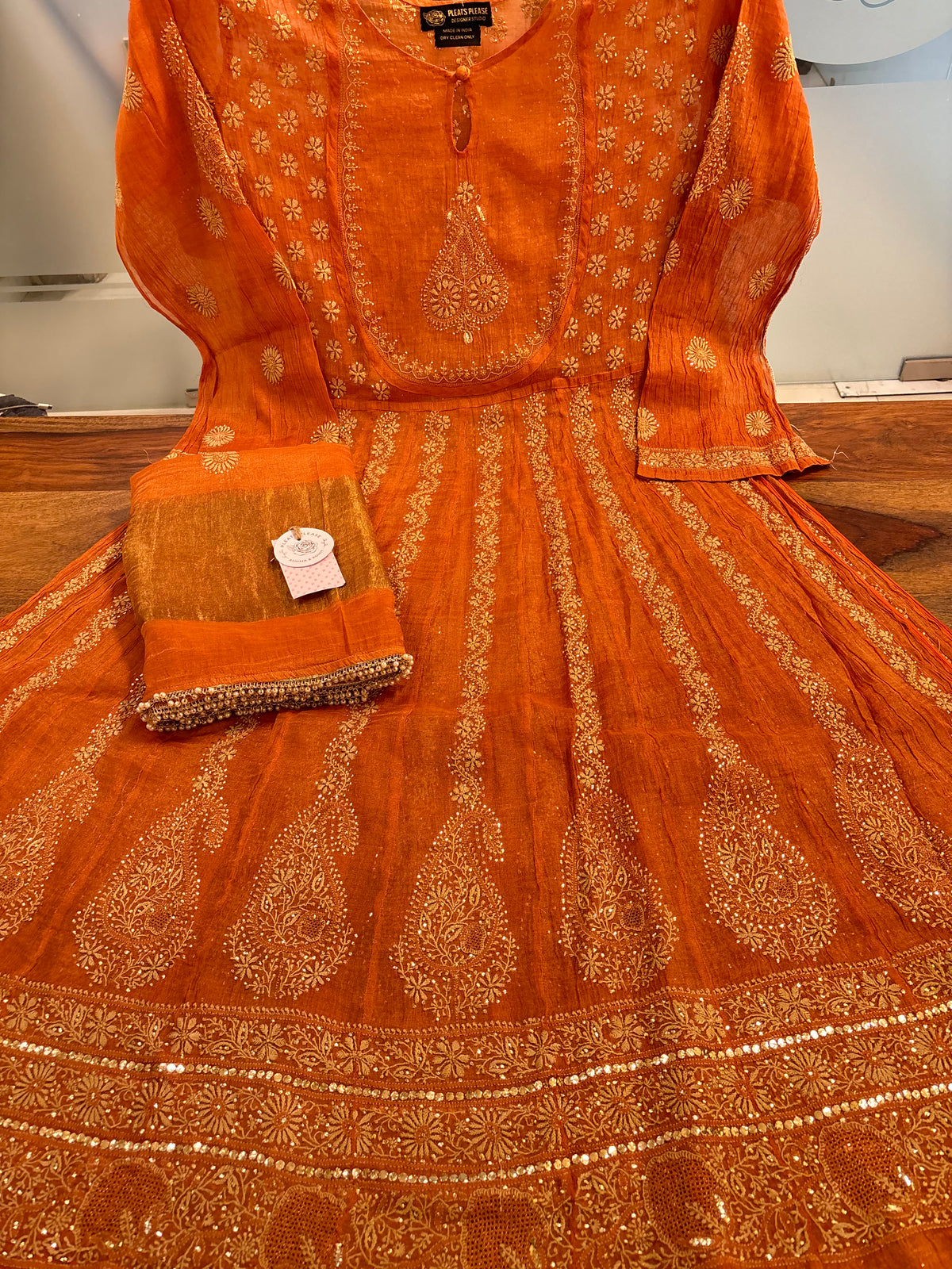 Burnt Orange Pure & Premium Tissue Chikankari Mukaish Bajirao Anarkali & Dupatta