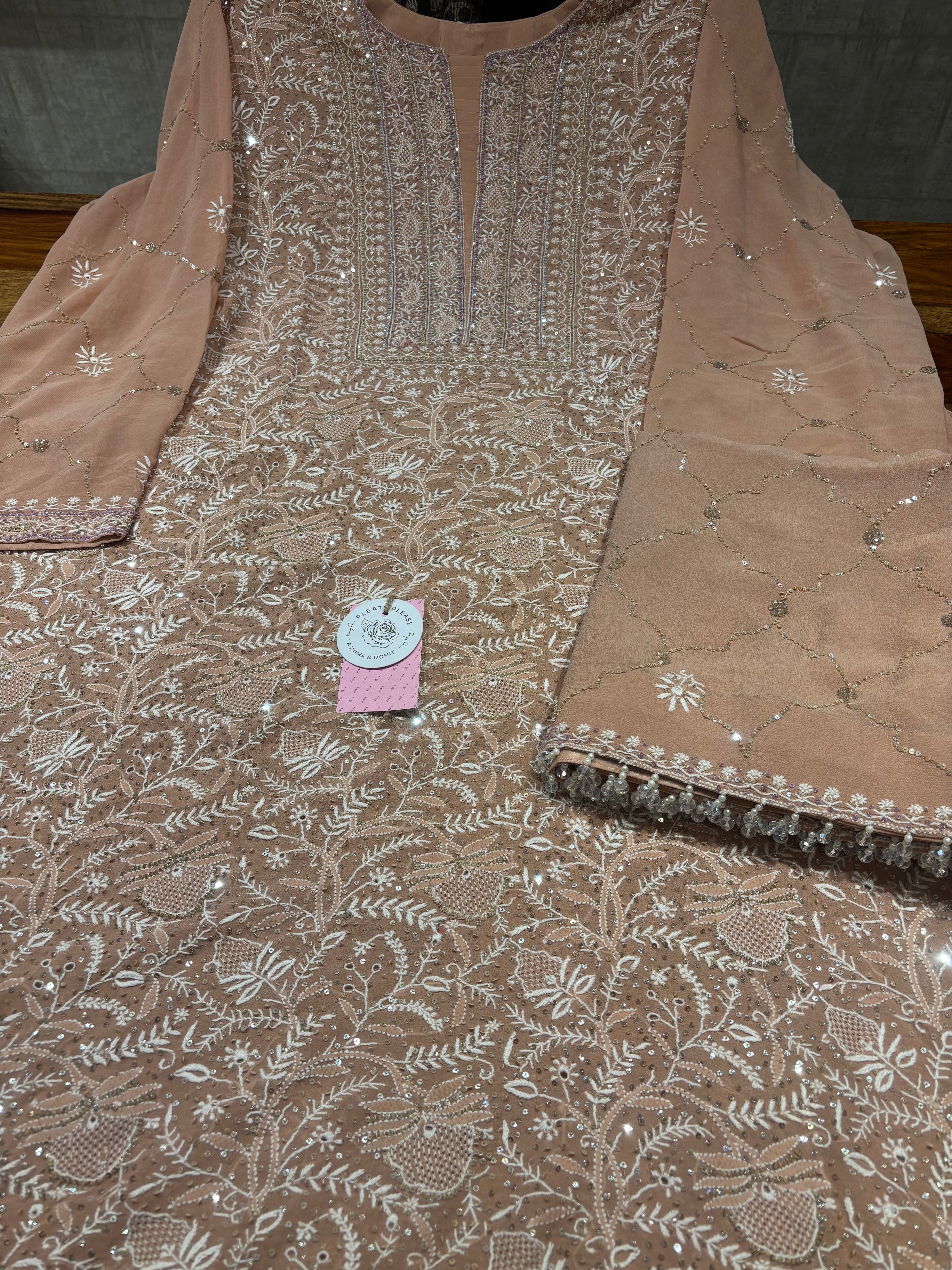 Caramel Brown Pure & Premium Georgette Chikankari Kurta & Dupatta Set