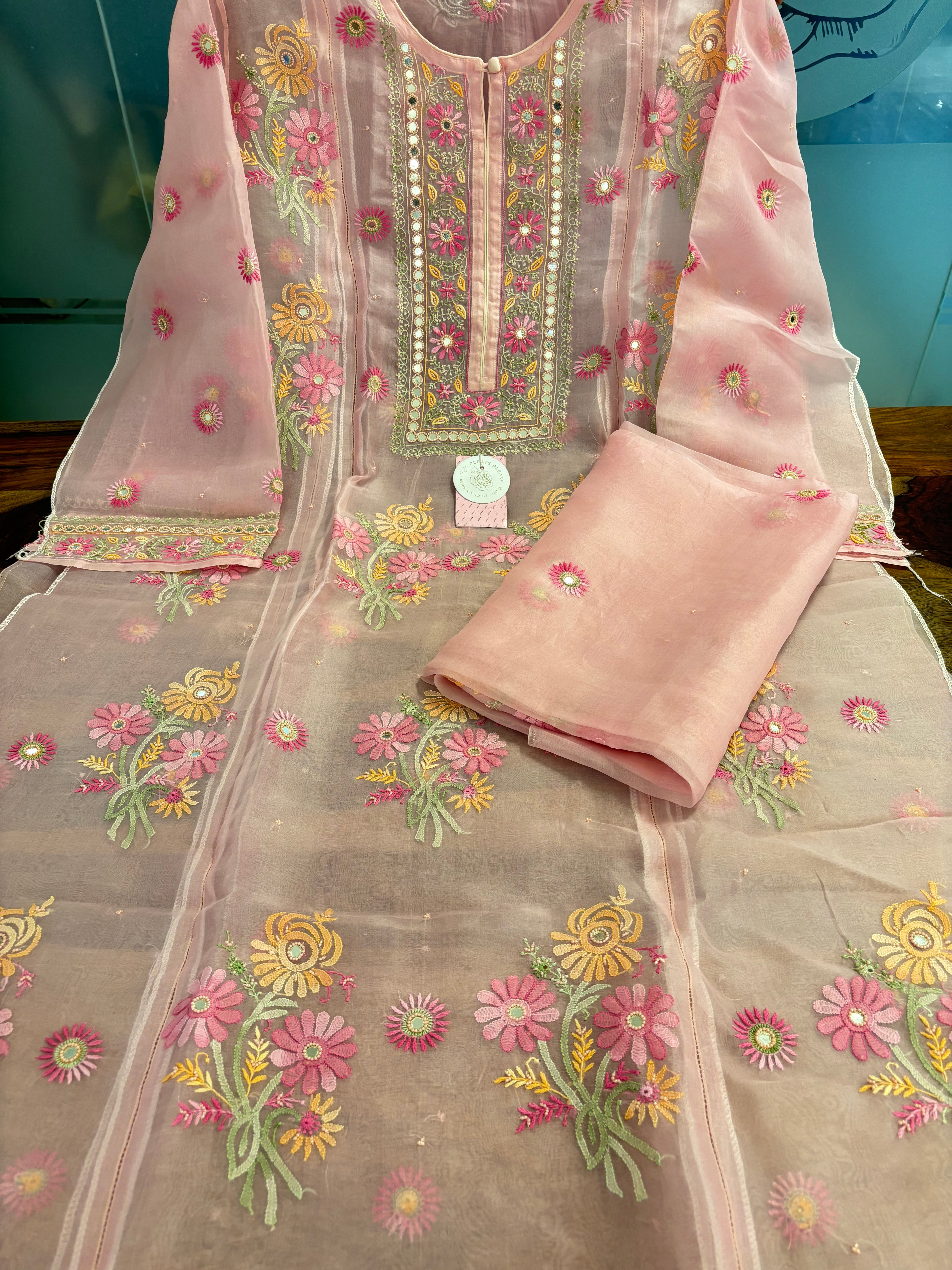 Petal-Blush Pure Organza Chikankari Kurta & Dupatta