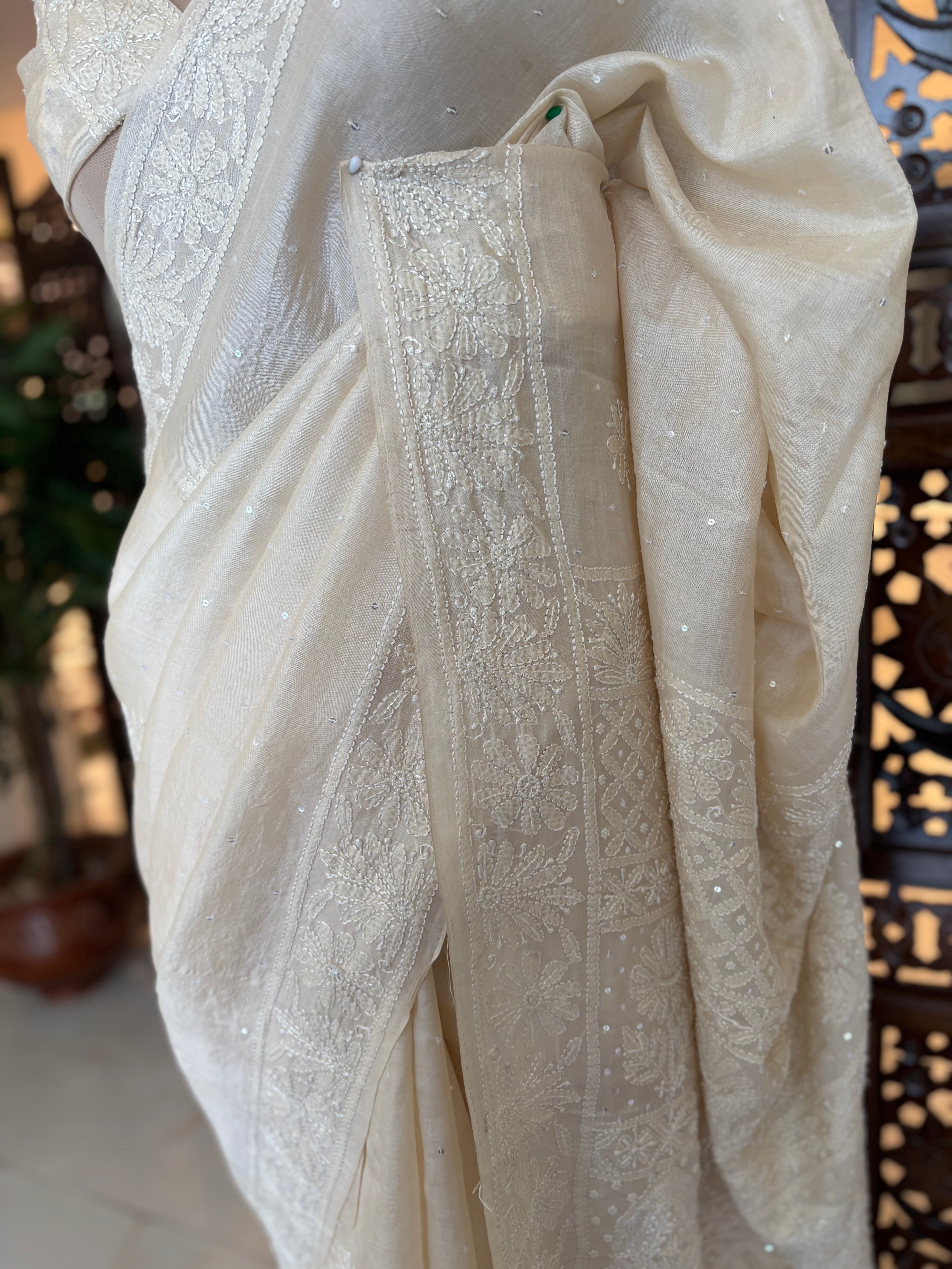 Dyeable Pure & Premium White Tussar Silk Chikankari Saree & Blouse