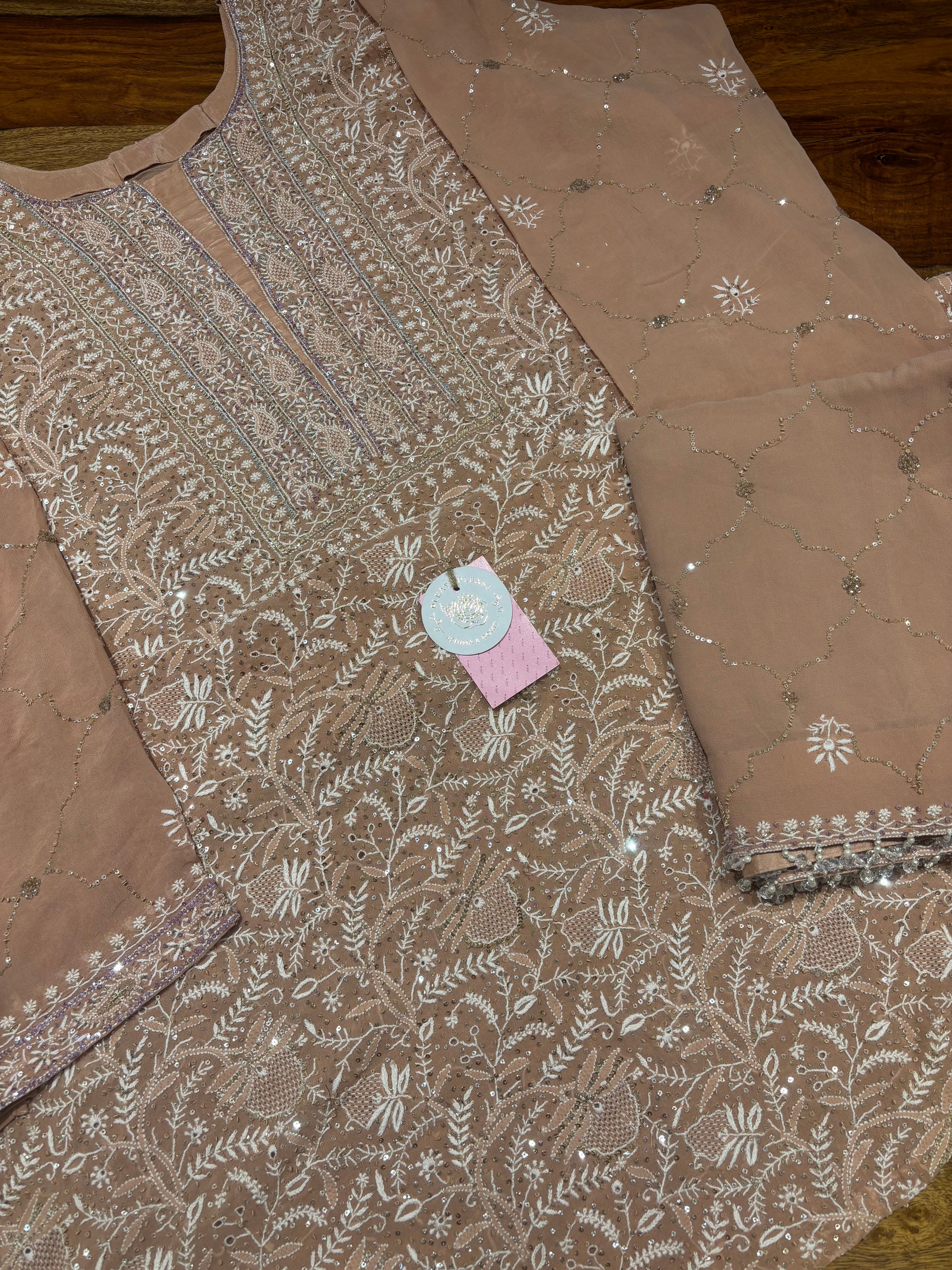 Caramel Brown Pure & Premium Georgette Chikankari Kurta & Dupatta Set