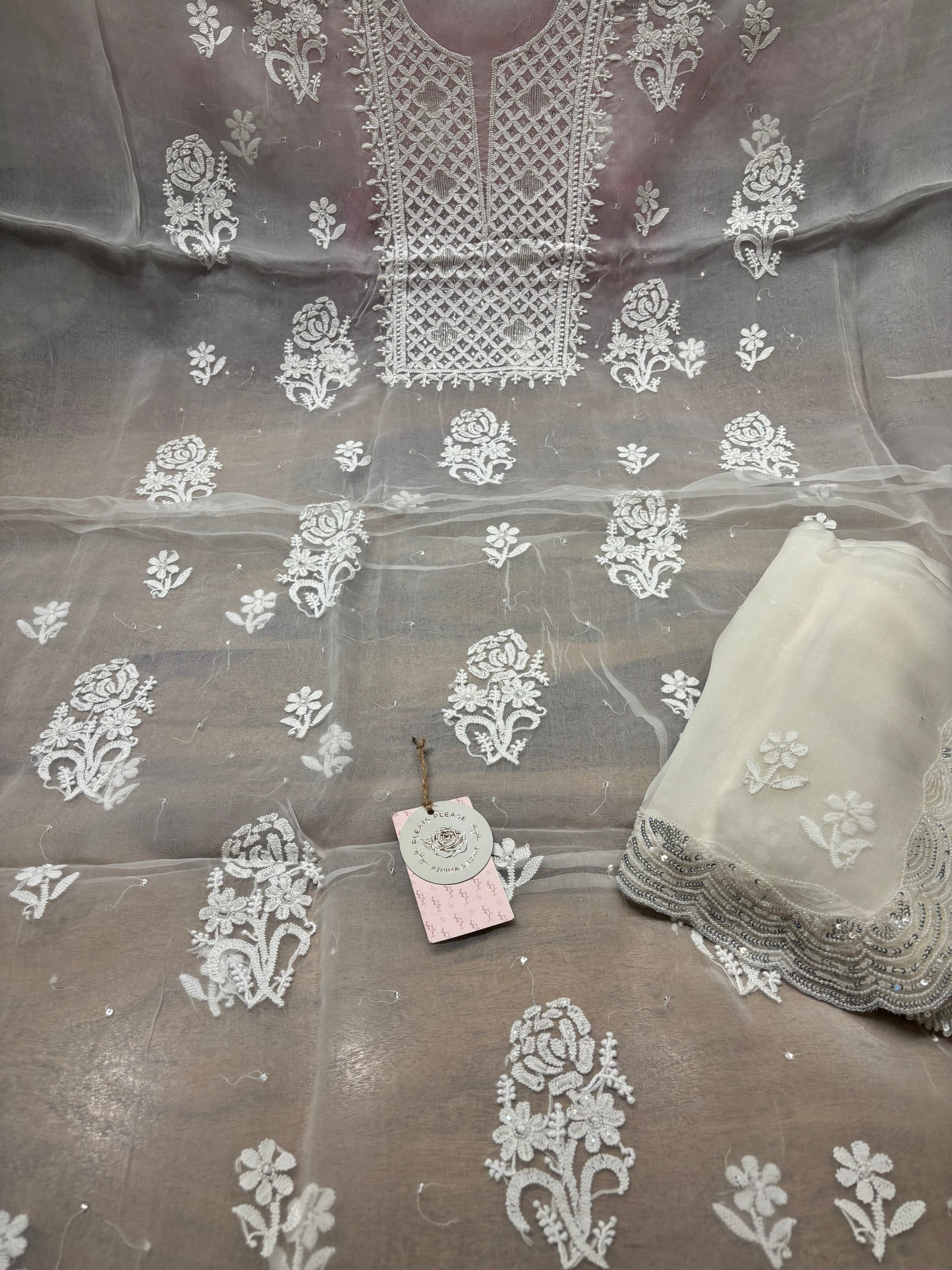 Dyeable Pure Organza Silk Chikankari Kurta And Dupatta Fabric