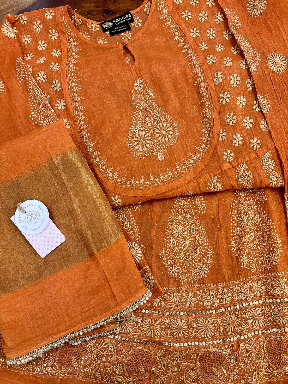 Burnt Orange Pure & Premium Tissue Chikankari Mukaish Bajirao Anarkali & Dupatta